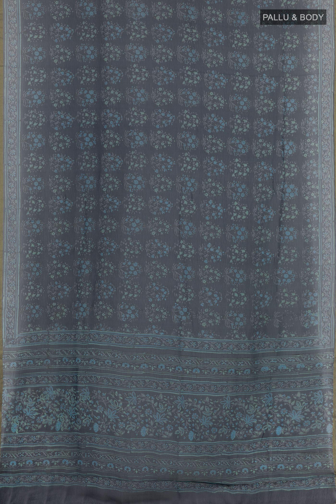 Flat view of Blue Chiffon Saree with Printed design on the body and Plain Border. 