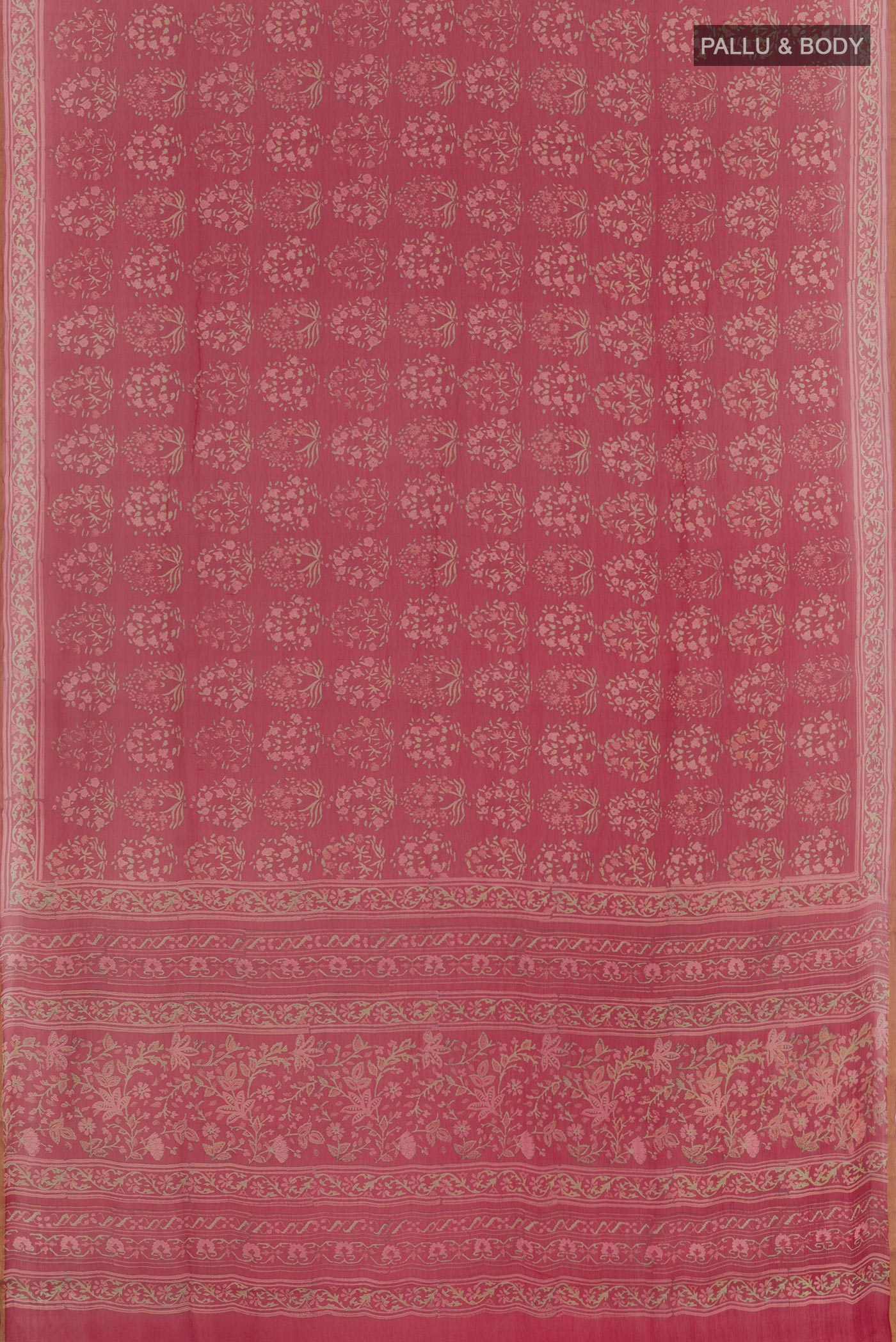 Flat view of Red Chiffon Saree with Printed design on the body and Plain Border. 
