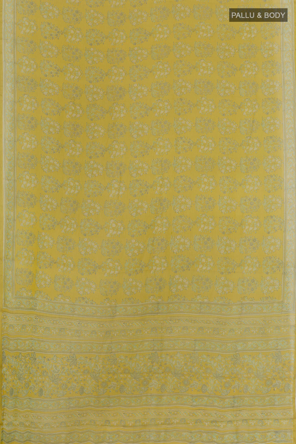 Flat view of Yellow Chiffon Saree with Printed design on the body and Plain Border. 