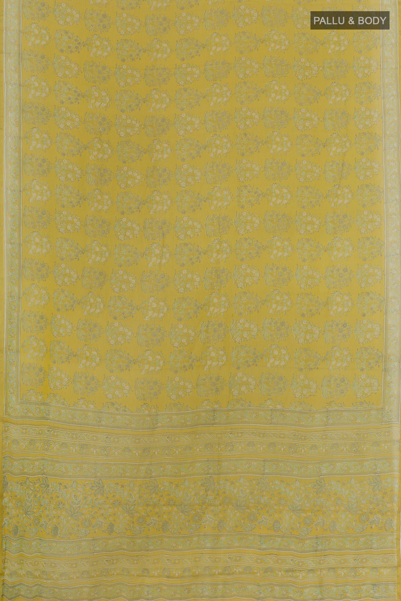 Flat view of Yellow Chiffon Saree with Printed design on the body and Plain Border. 