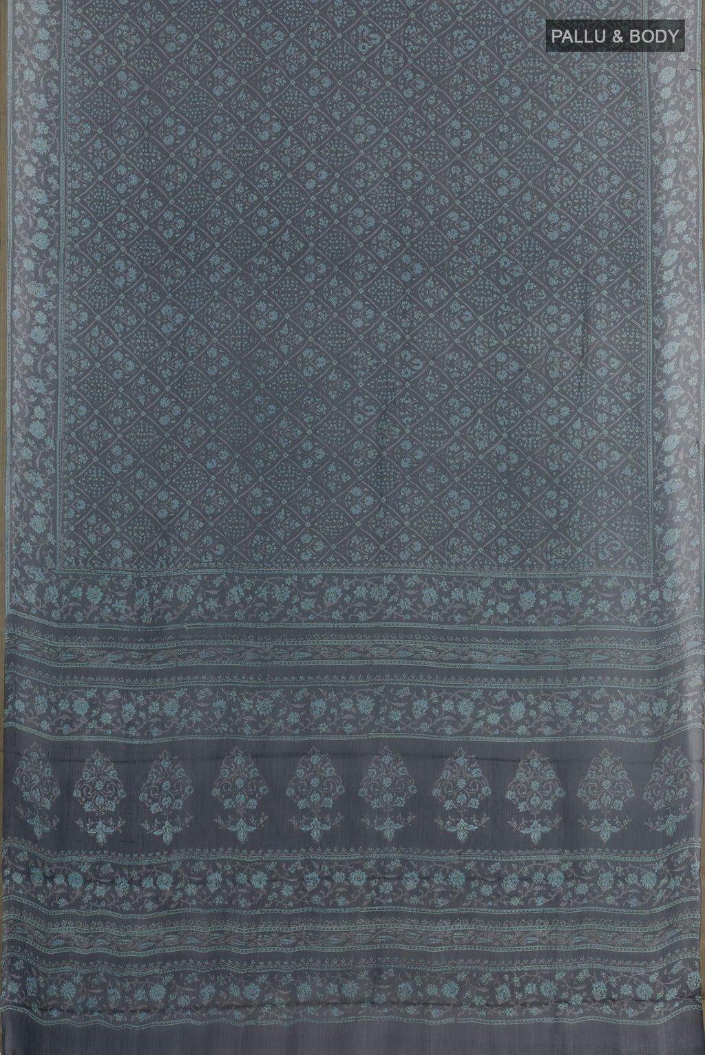 Flat view of Blue Chiffon Saree with Printed design on the body and Printed Border. 