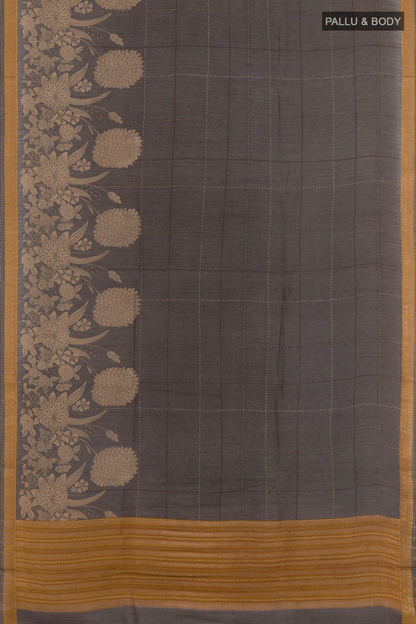 Flat view of Black Tussar Saree with Checked design on the body and Zari Border. 