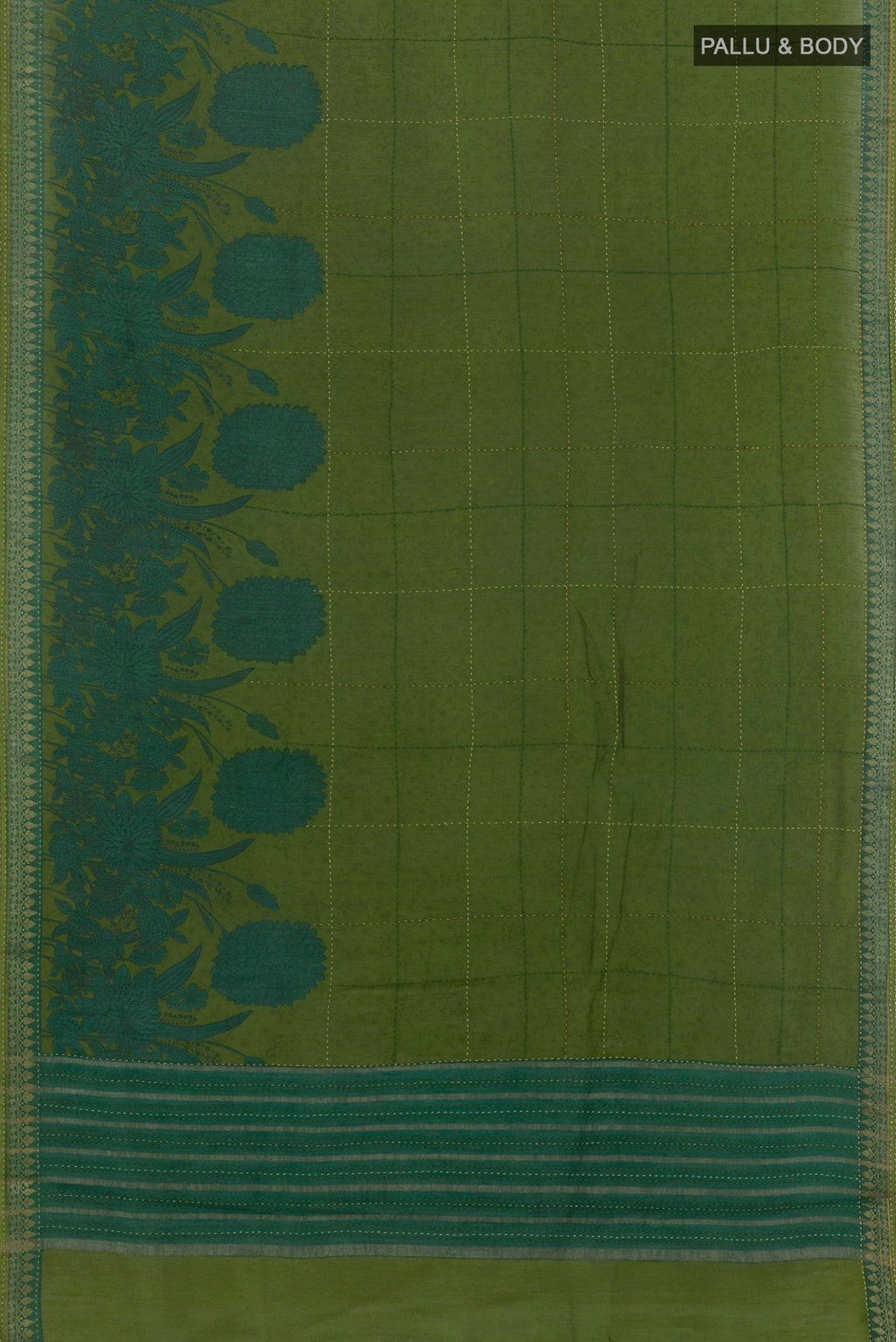 Flat view of Green Tussar Saree with Checked design on the body and Zari Border. 