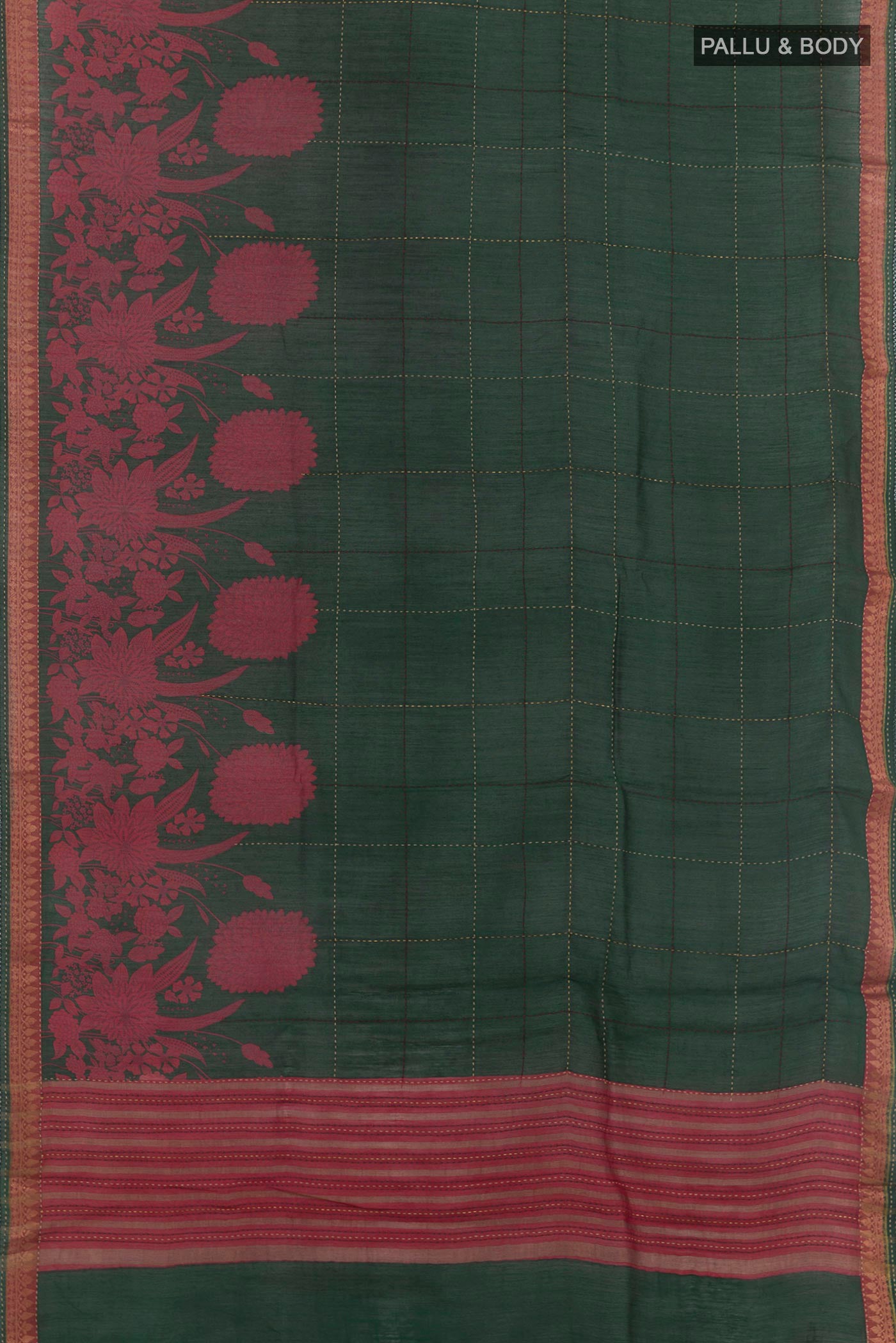 Flat view of Green Tussar Saree with Checked design on the body and Zari Border. 