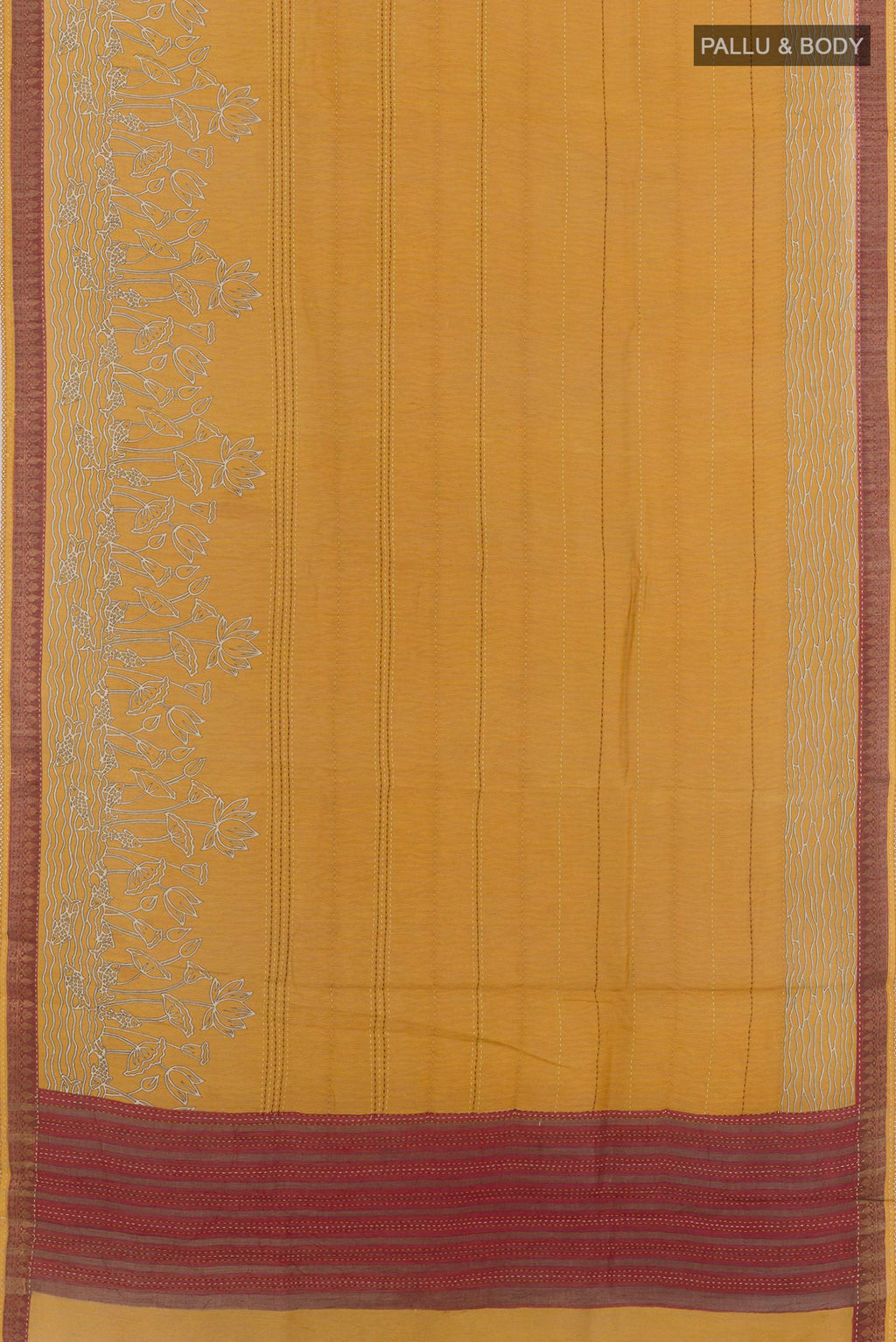 Flat view of Yellow Tussar Saree with Printed design on the body and Zari Border. 