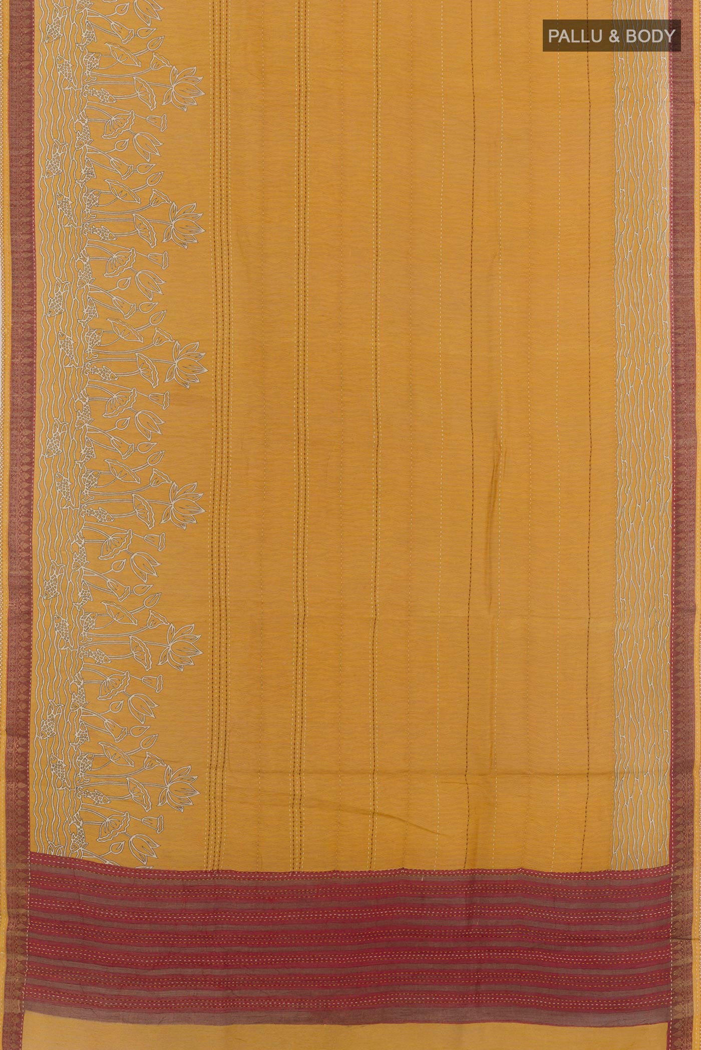 Flat view of Yellow Tussar Saree with Printed design on the body and Zari Border. 