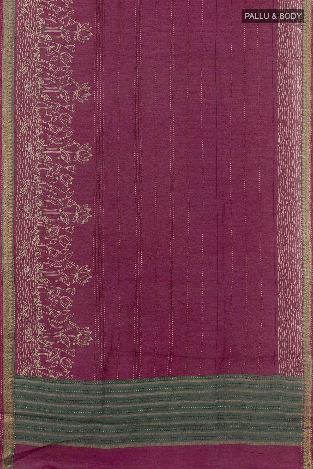 Flat view of Purple Tussar Saree with Printed design on the body and Zari Border. 