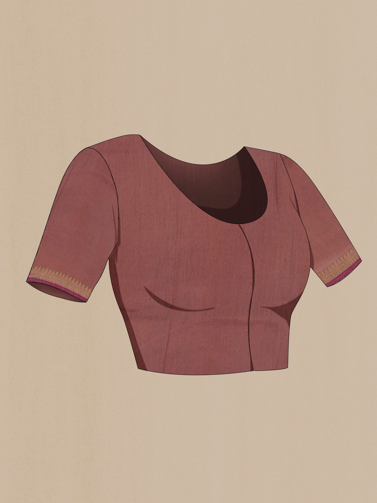 Close up image of the blouse of Purple Tussar Saree with Stripes on the body and Zari Border. 