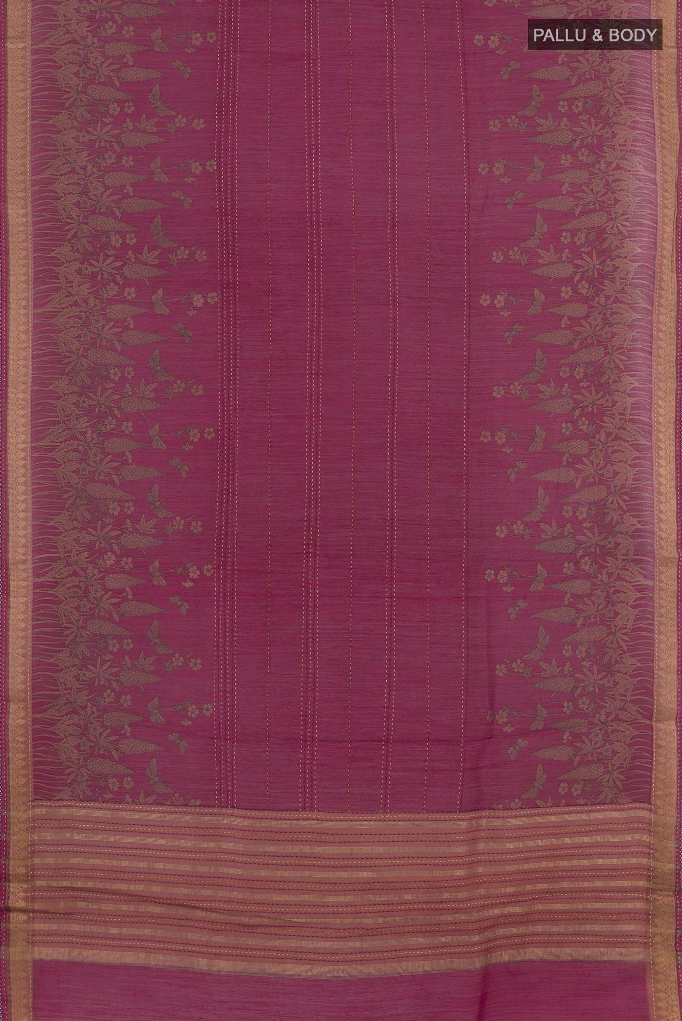 Flat view of Purple Tussar Saree with Stripes on the body and Zari Border. 