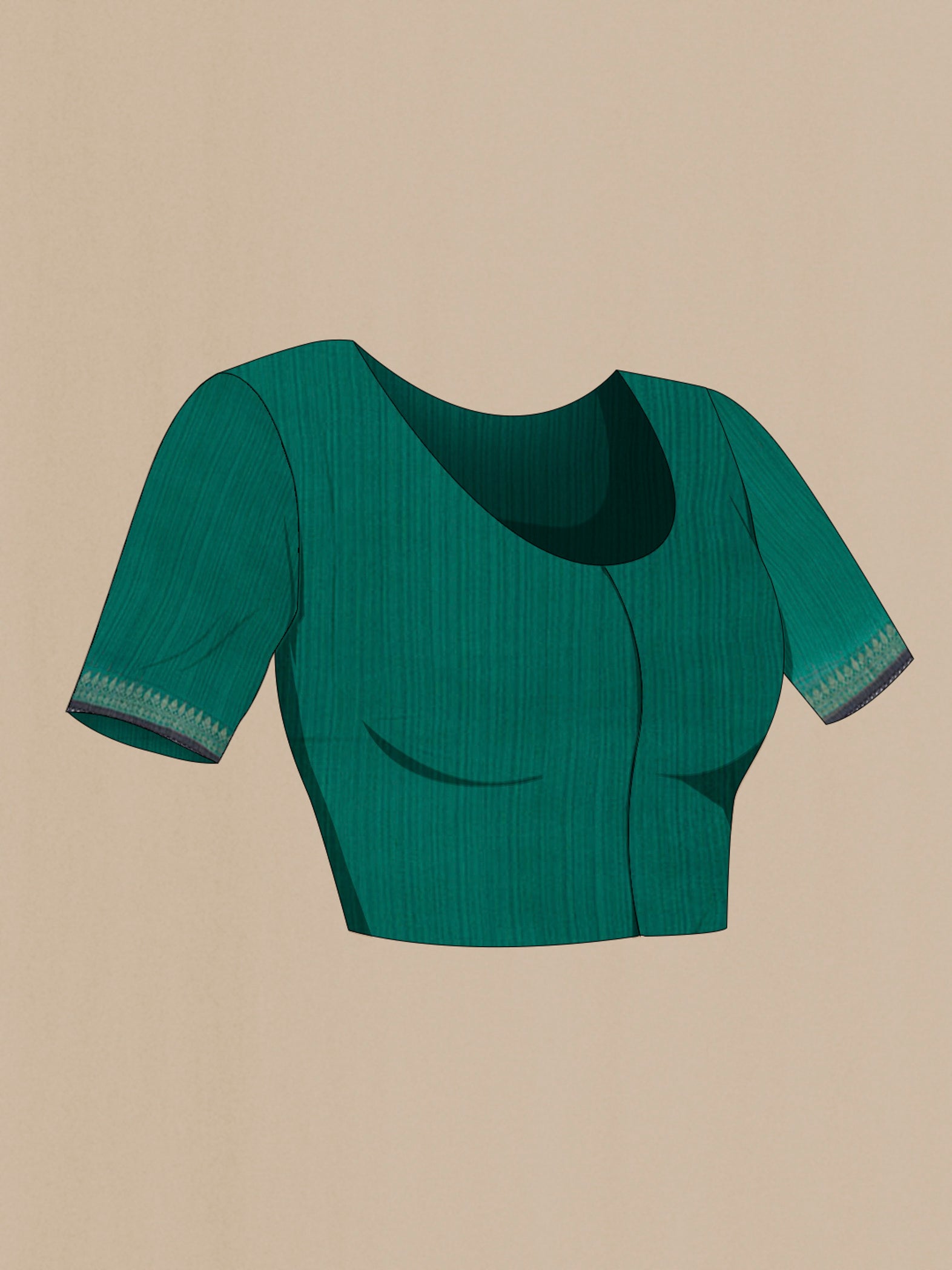 Close up image of the blouse of Blue Tussar Saree with Stripes on the body and Zari Border. 
