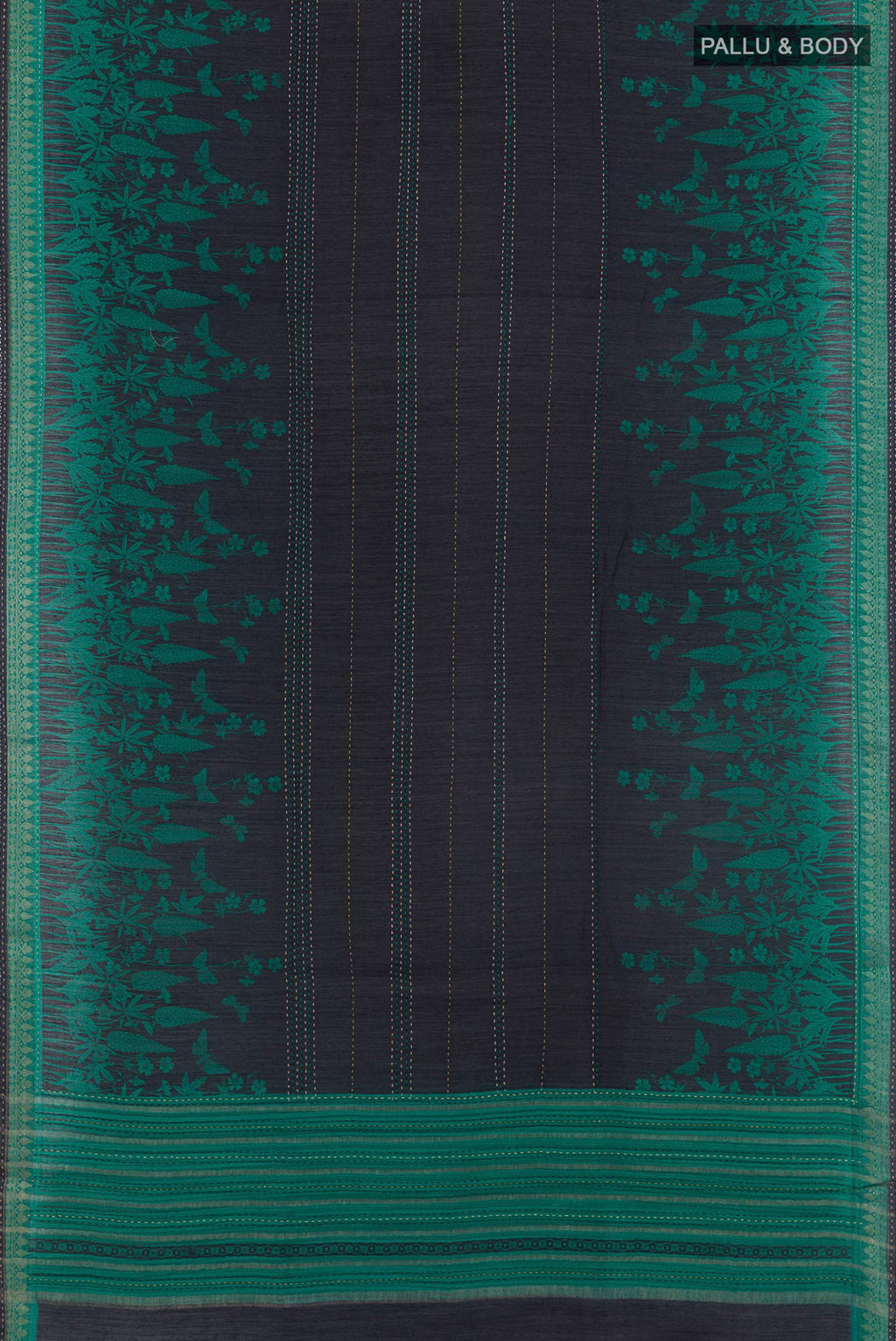 Flat view of Blue Tussar Saree with Stripes on the body and Zari Border. 