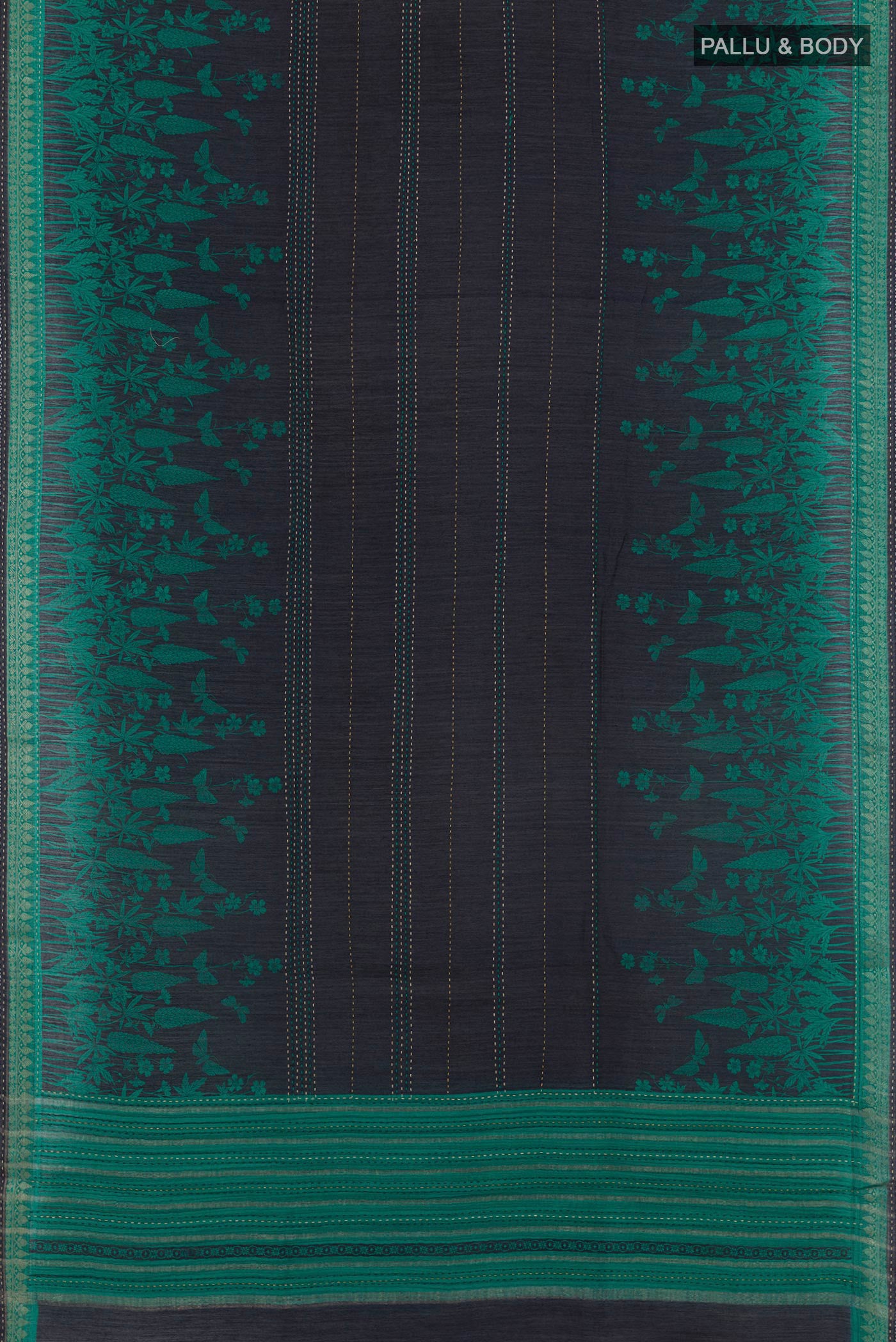 Flat view of Blue Tussar Saree with Stripes on the body and Zari Border. 