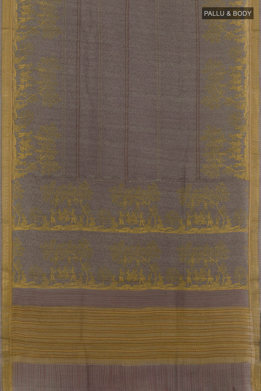 Flat view of Grey Tussar Saree with Printed design on the body and Zari Border. 