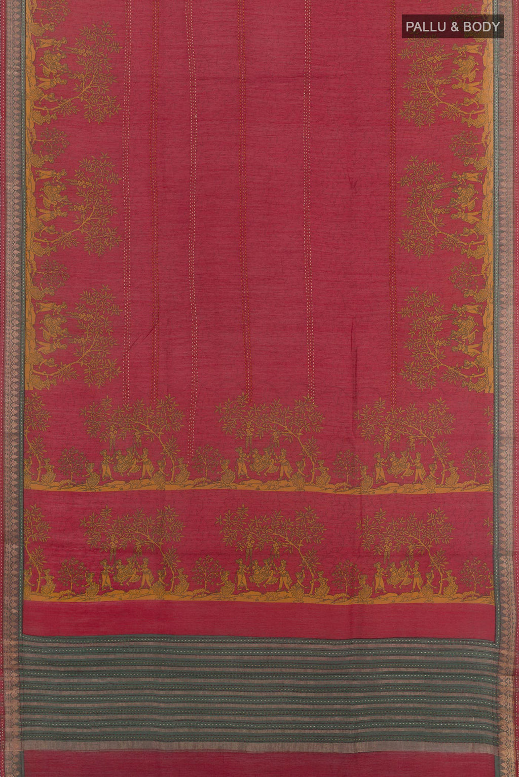 Flat view of Maroon Tussar Saree with Printed design on the body and Zari Border. 