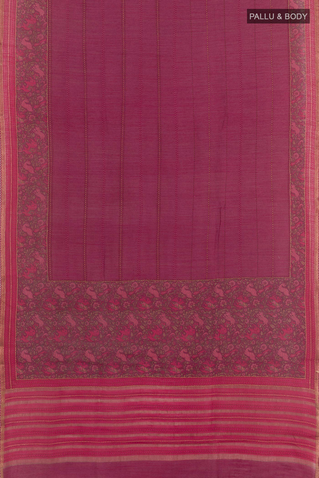 Flat view of Purple Tussar Saree with Stripes on the body and Zari Border. 
