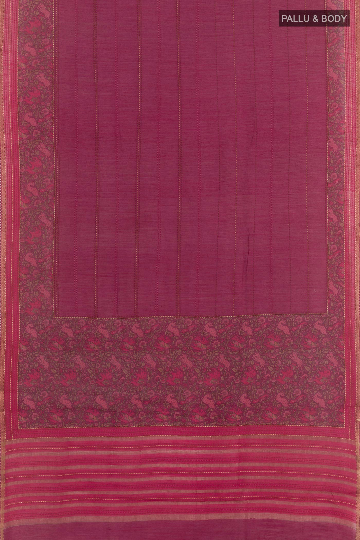 Flat view of Purple Tussar Saree with Stripes on the body and Zari Border. 