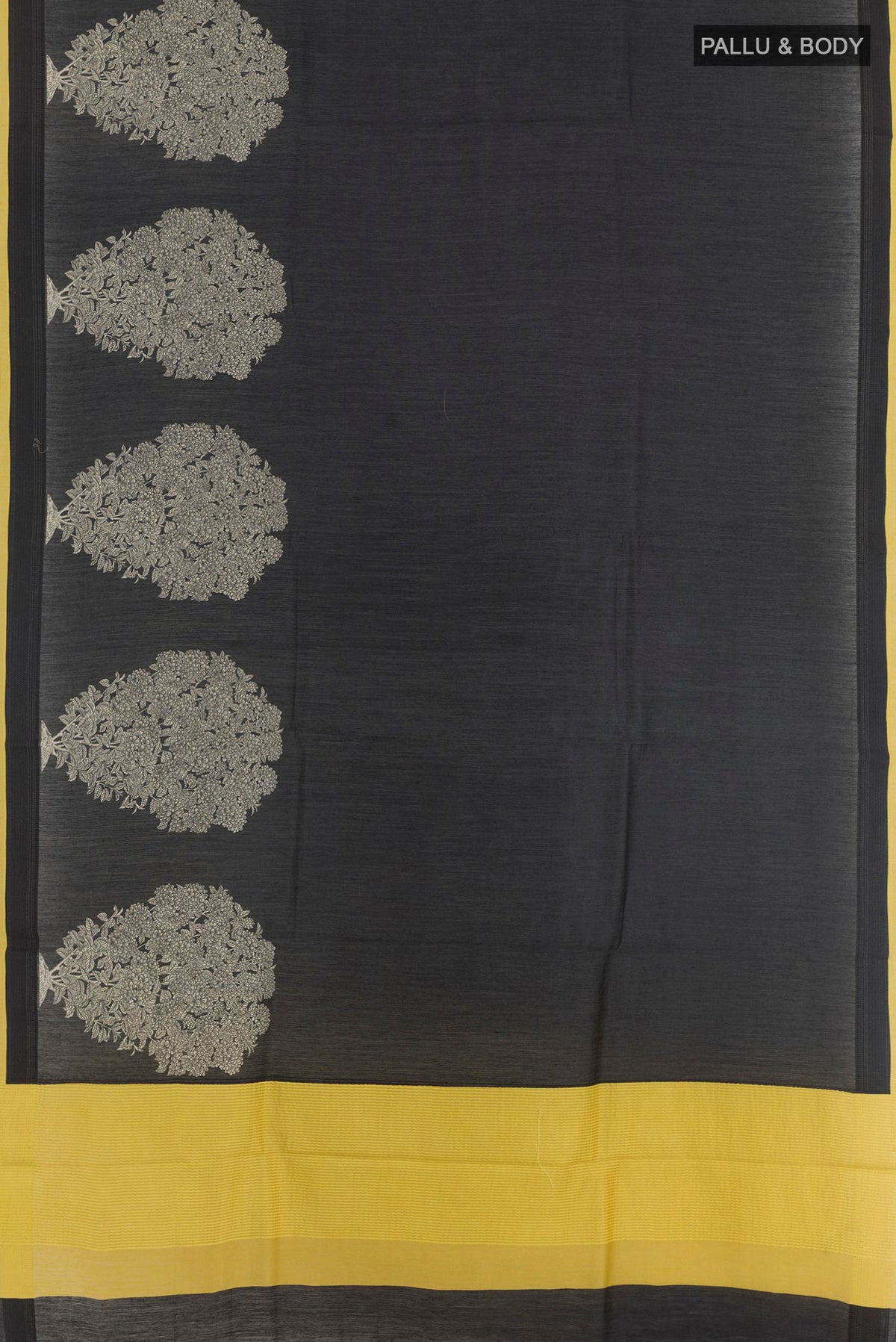 Flat view of Black Tussar Saree with Printed design on the body and Thread Embroidery Border. 