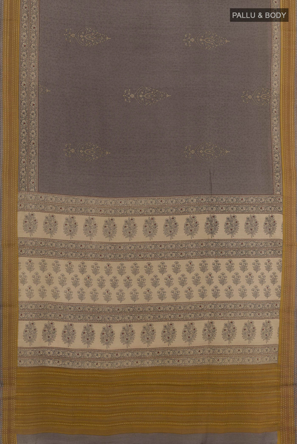 Flat view of Grey Tussar Saree with Printed design on the body and Zari Border. 
