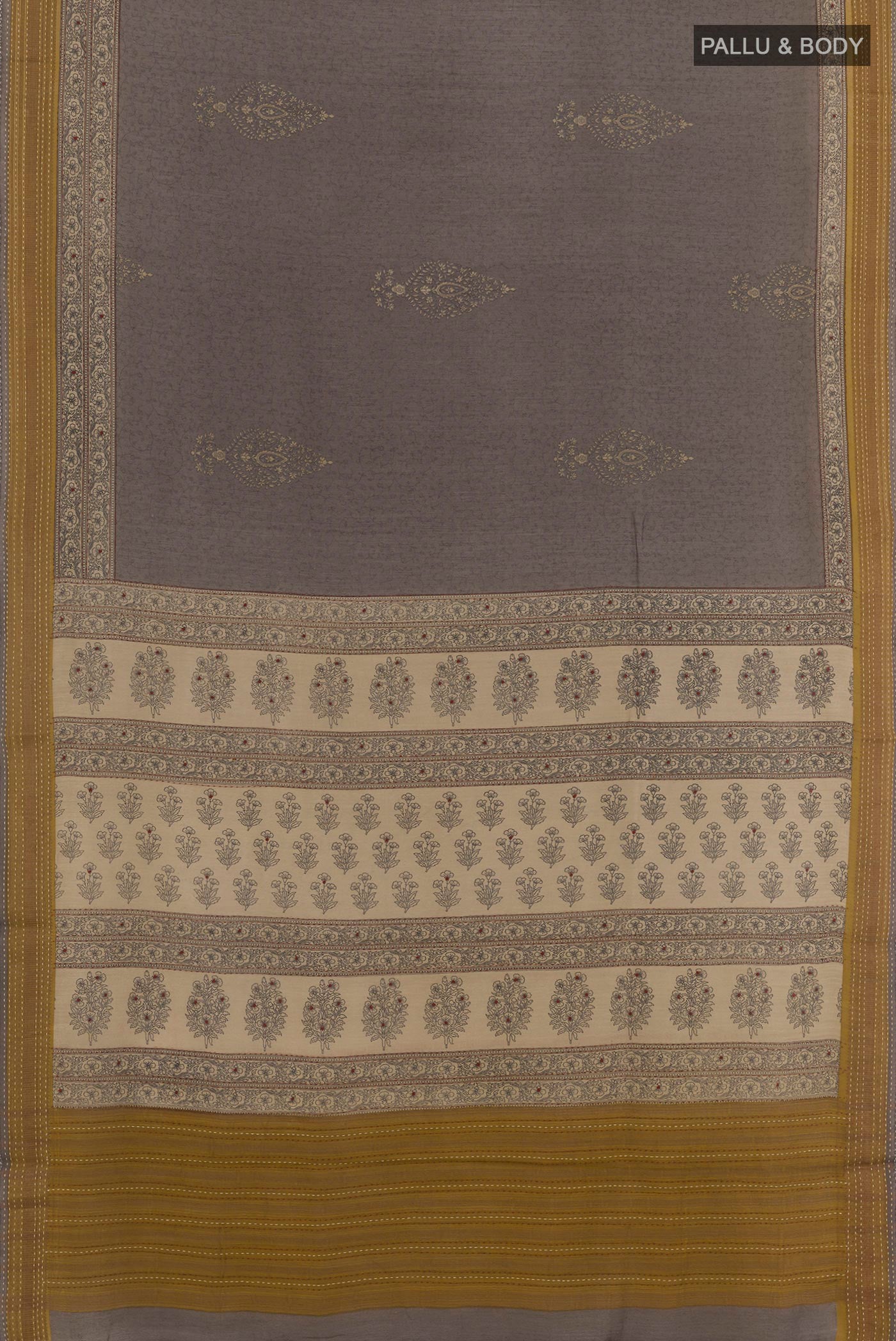 Flat view of Grey Tussar Saree with Printed design on the body and Zari Border. 