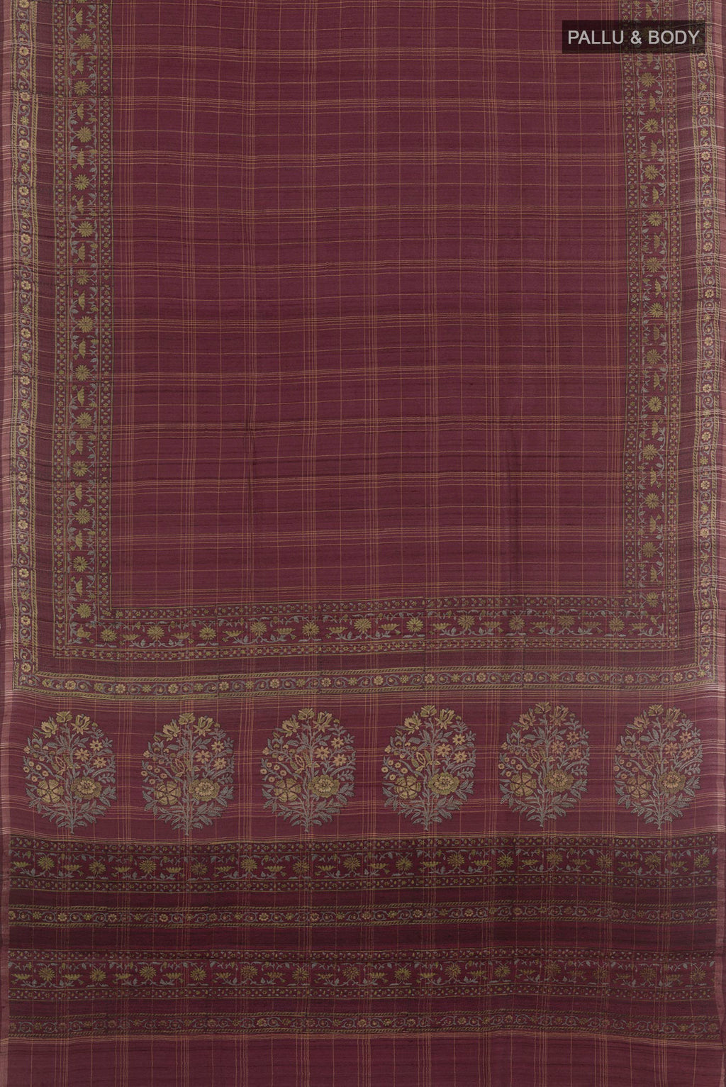 Flat view of Magenta Tussar Saree with Checked design on the body and Zari Border. 