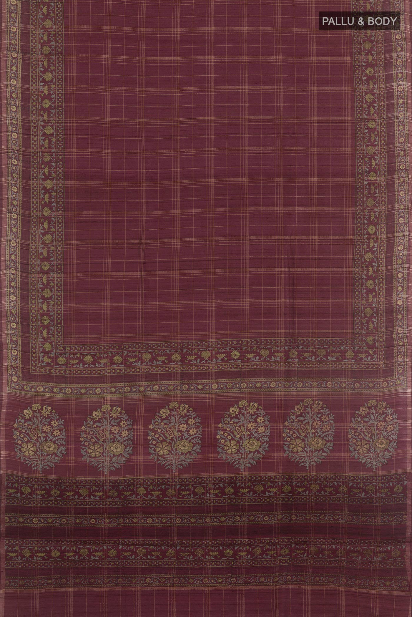 Flat view of Magenta Tussar Saree with Checked design on the body and Zari Border. 