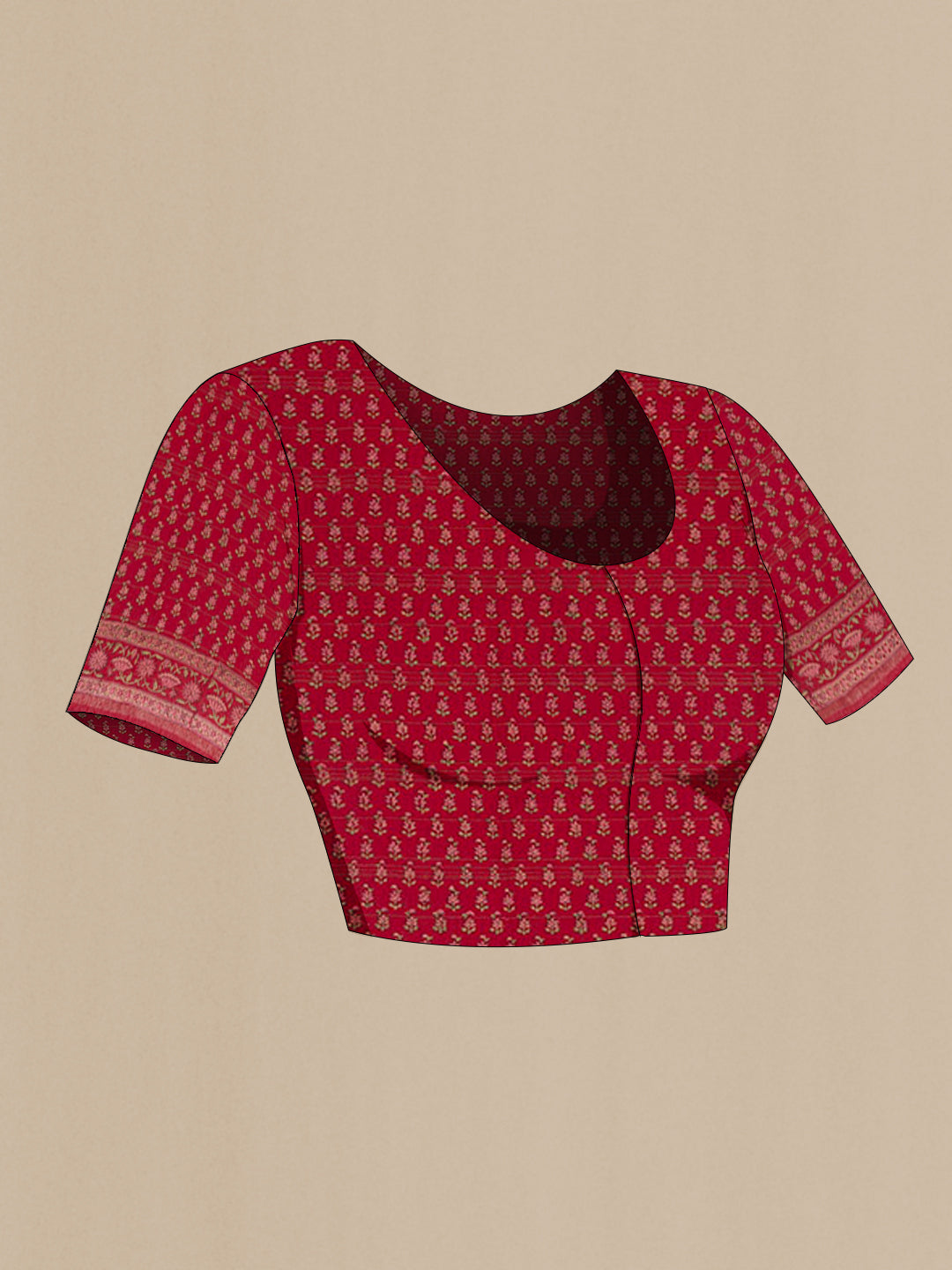 Close up image of the blouse of Red Tussar Saree with Checked design on the body and Zari Border. 