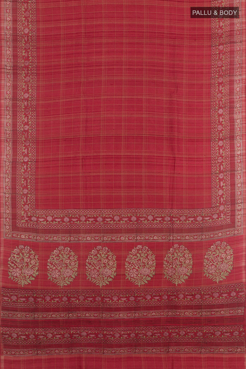 Flat view of Red Tussar Saree with Checked design on the body and Zari Border. 