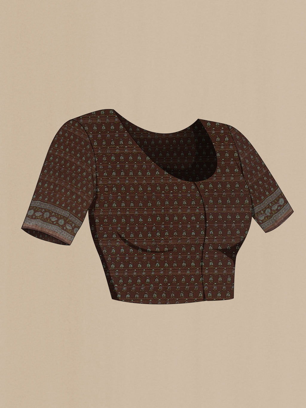 Close up image of the blouse of Brown Tussar Saree with Checked design on the body and Zari Border. 