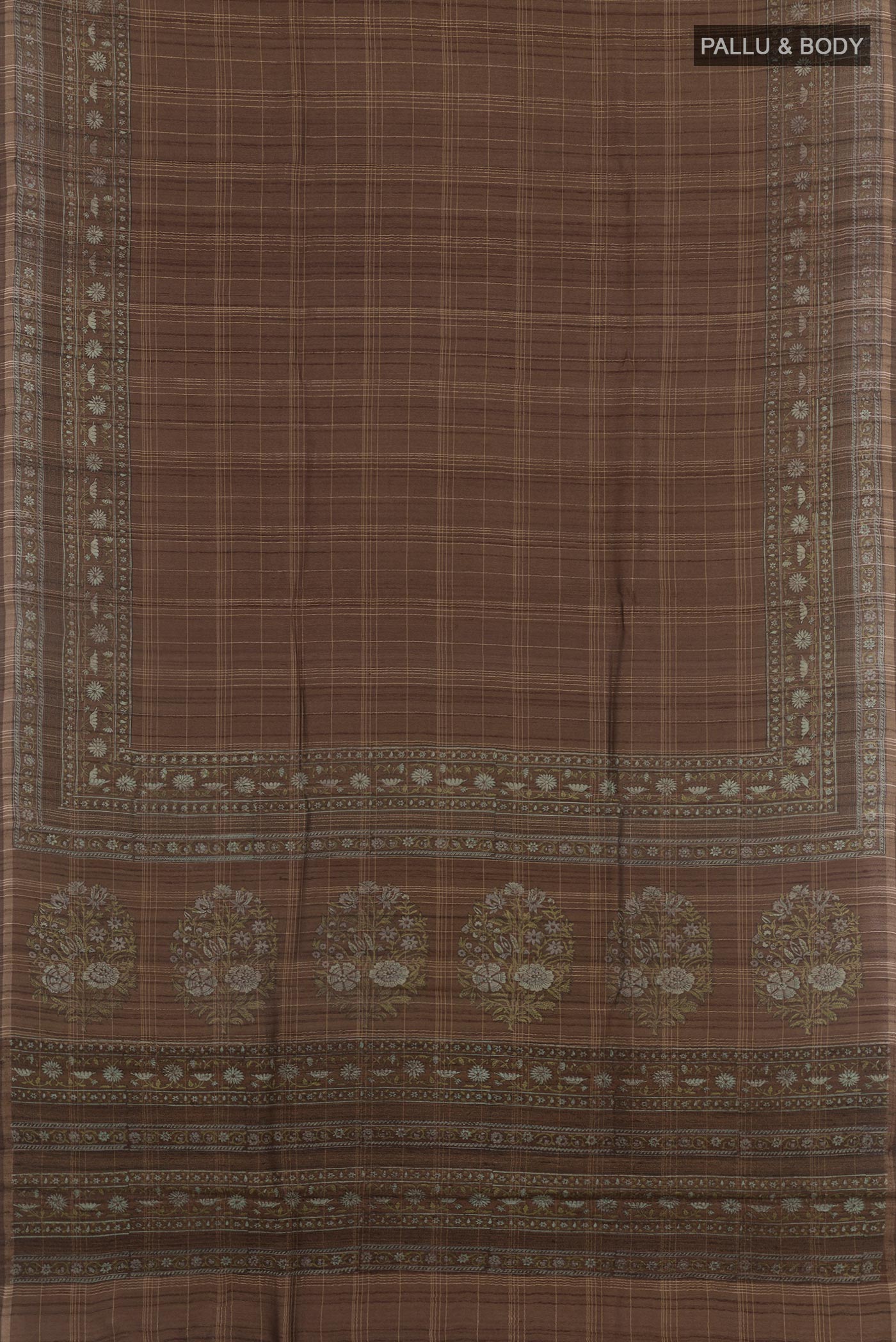 Flat view of Brown Tussar Saree with Checked design on the body and Zari Border. 