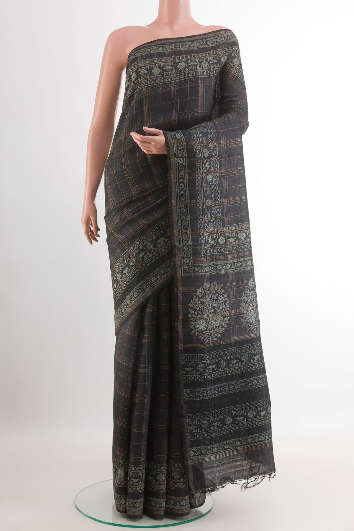Dark Blue Tussar Saree with Stripes on the body and Zari Border.  displayed on a mannequin