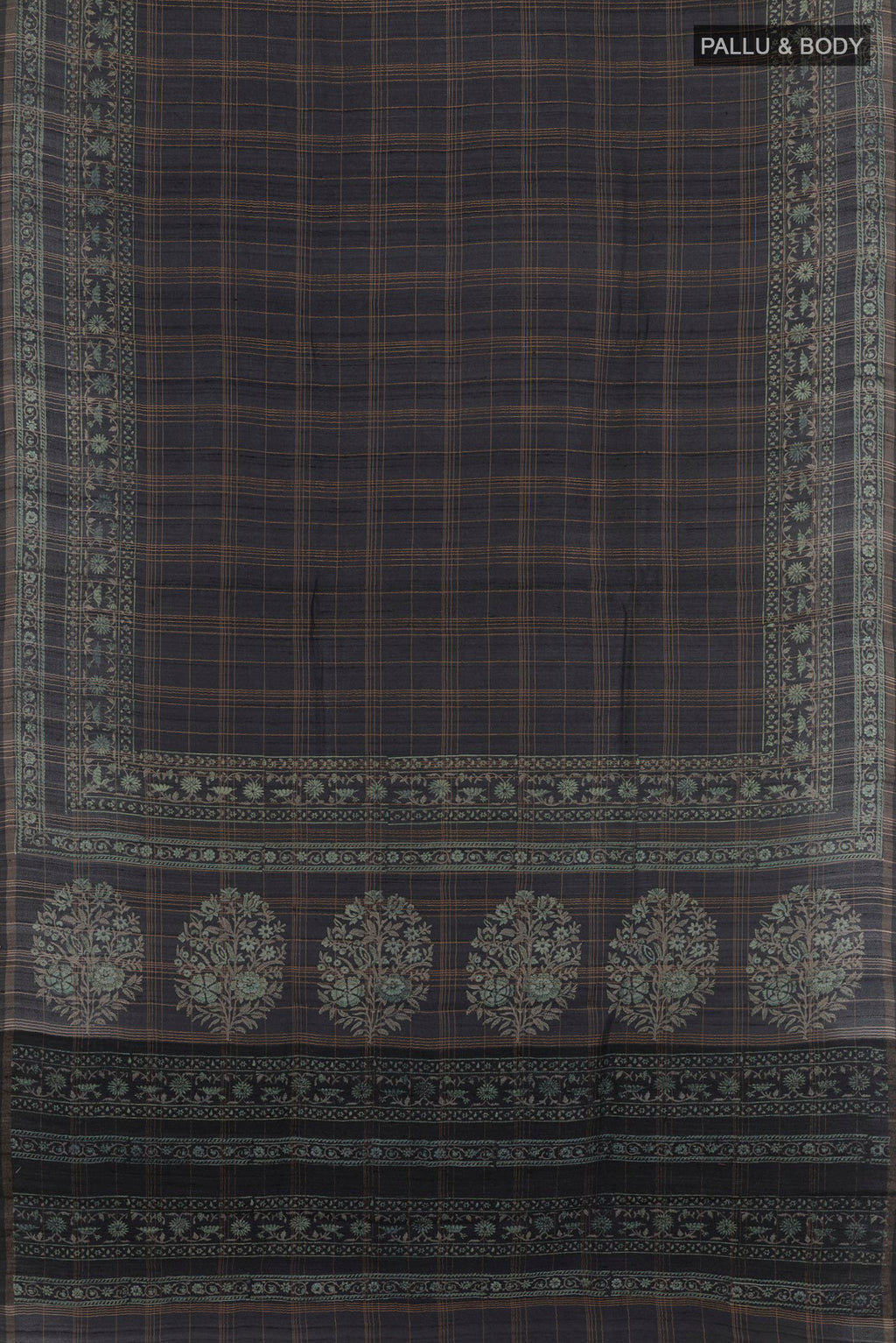 Flat view of Dark Blue Tussar Saree with Stripes on the body and Zari Border. 
