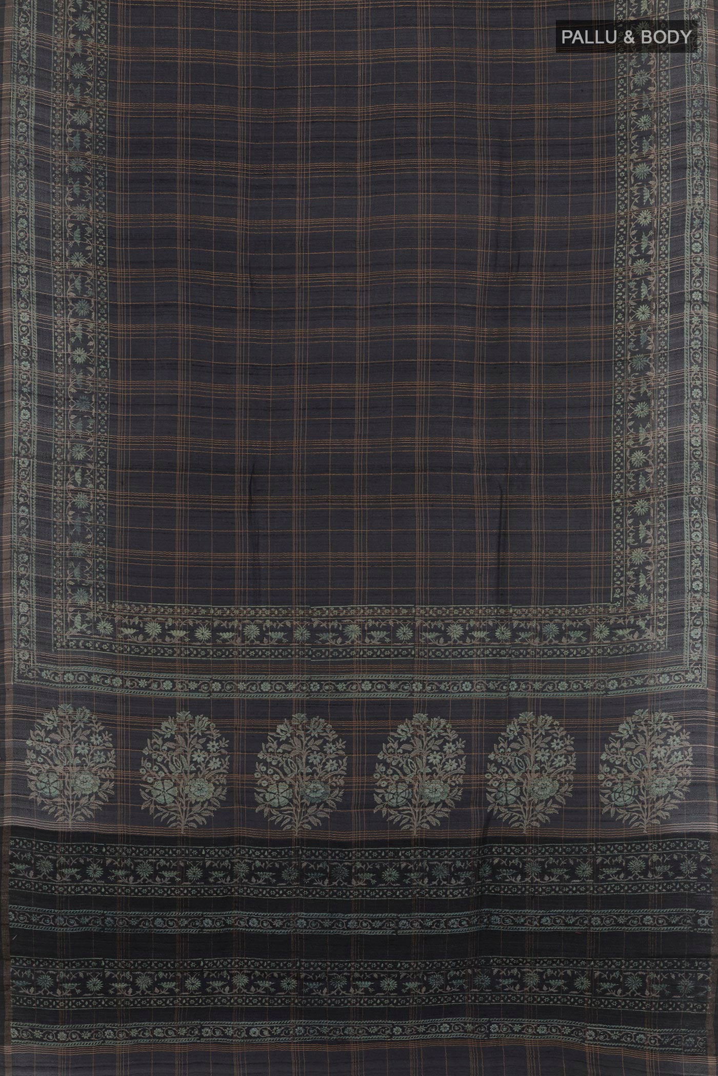 Flat view of Dark Blue Tussar Saree with Stripes on the body and Zari Border. 