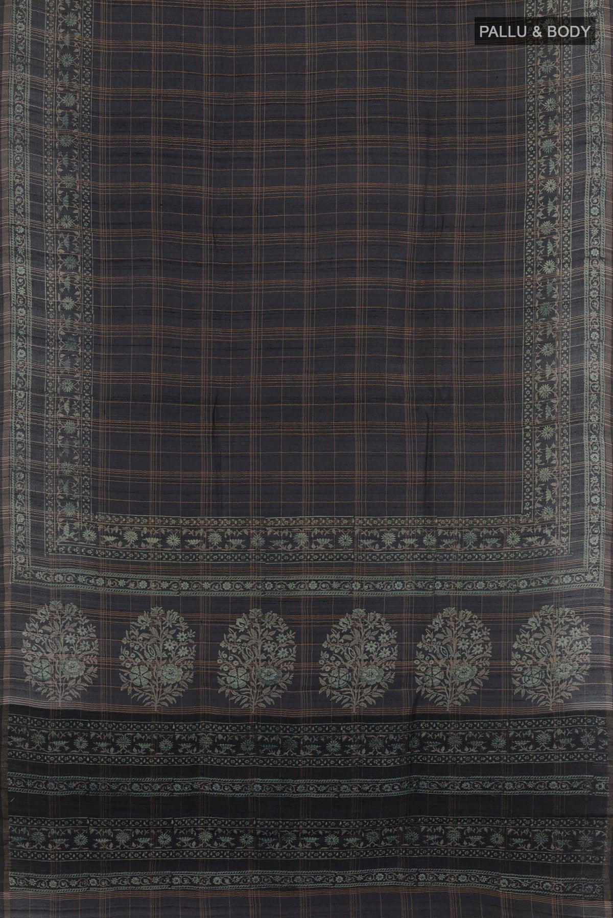 Flat view of Dark Blue Tussar Saree with Stripes on the body and Zari Border. 