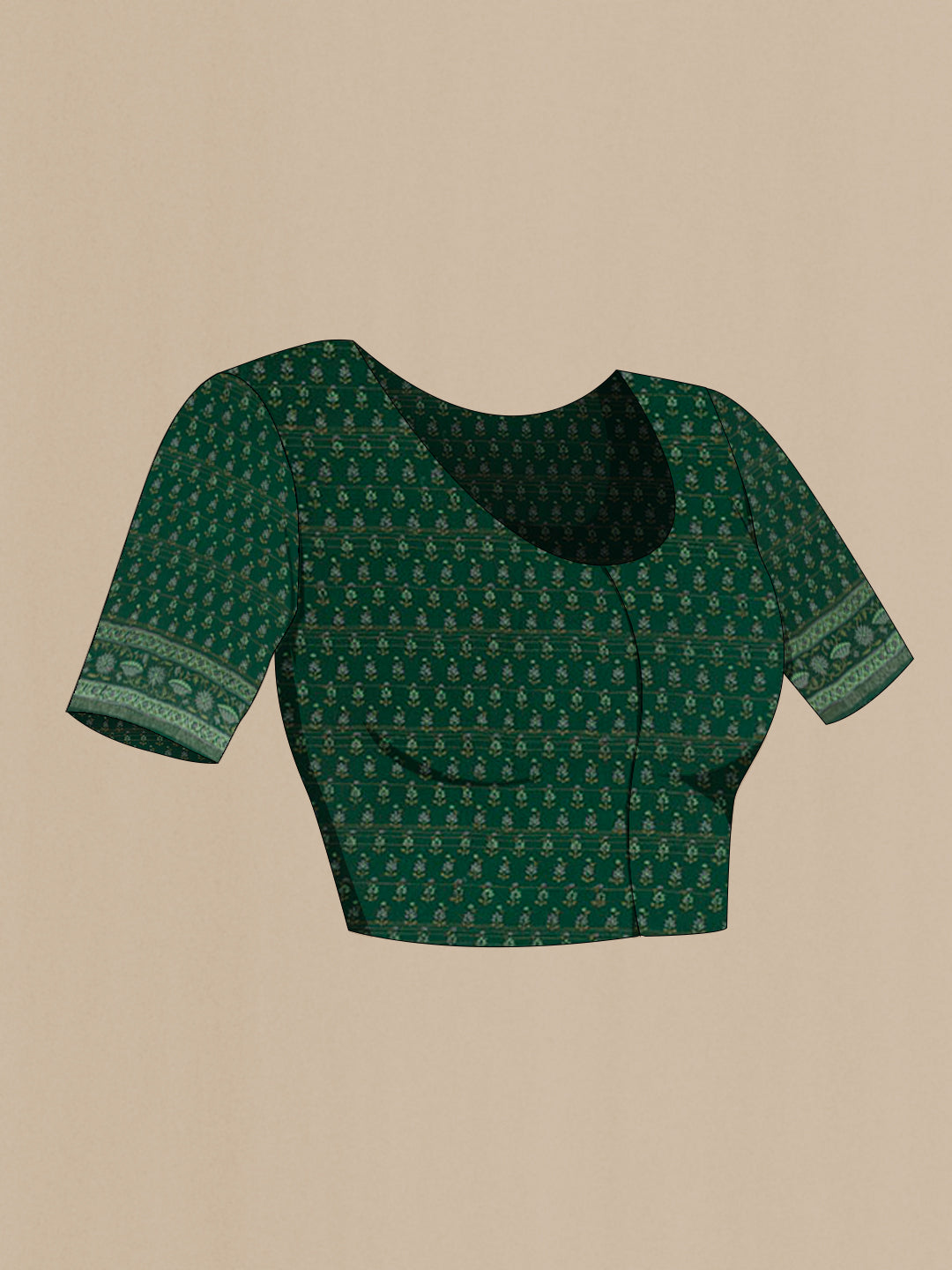 Close up image of the blouse of Green Tussar Saree with Checked design on the body and Zari Border. 