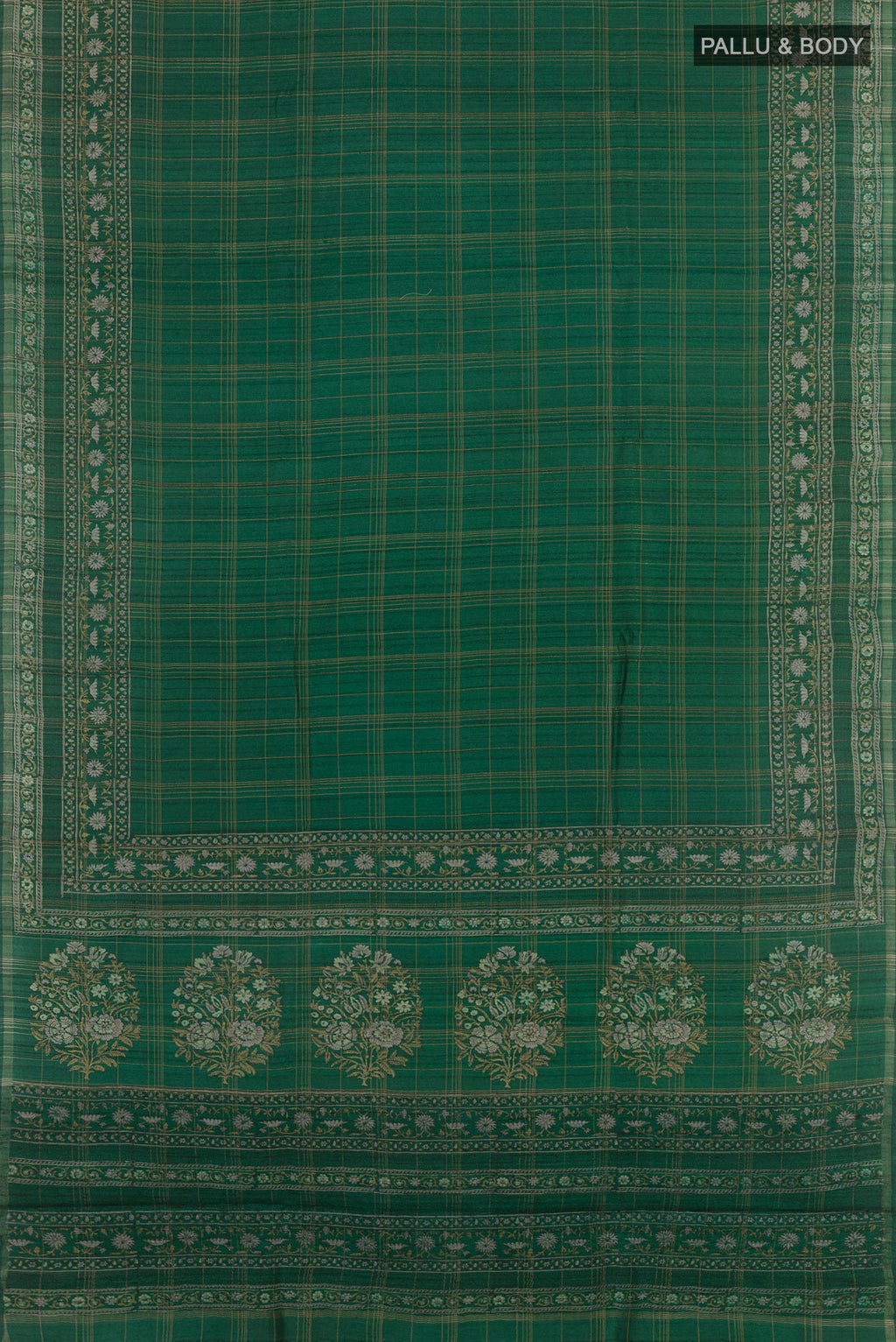 Flat view of Green Tussar Saree with Checked design on the body and Zari Border. 