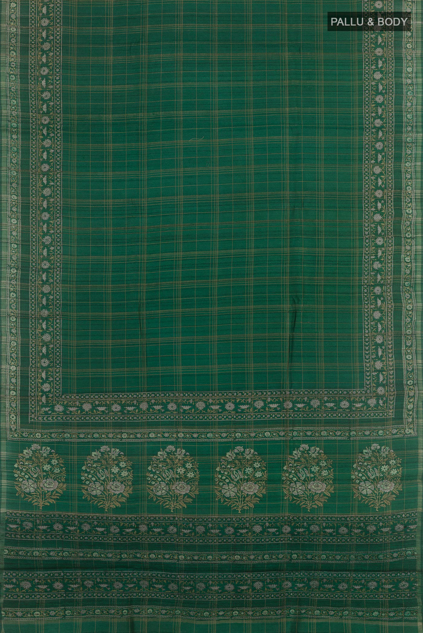 Flat view of Green Tussar Saree with Checked design on the body and Zari Border. 
