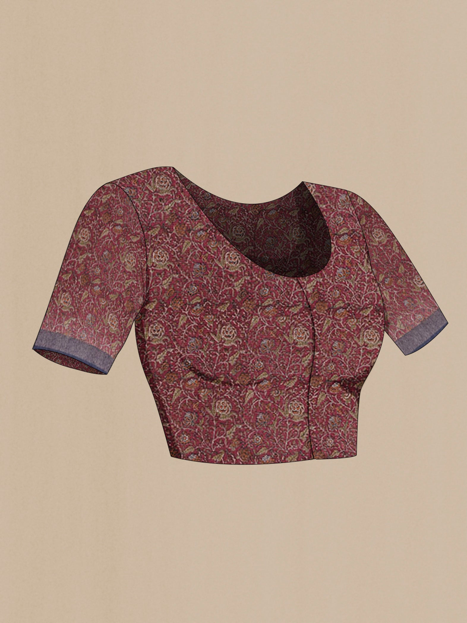 Close up image of the blouse of Grey Tussar Saree with Stripes on the body and Zari Border. 