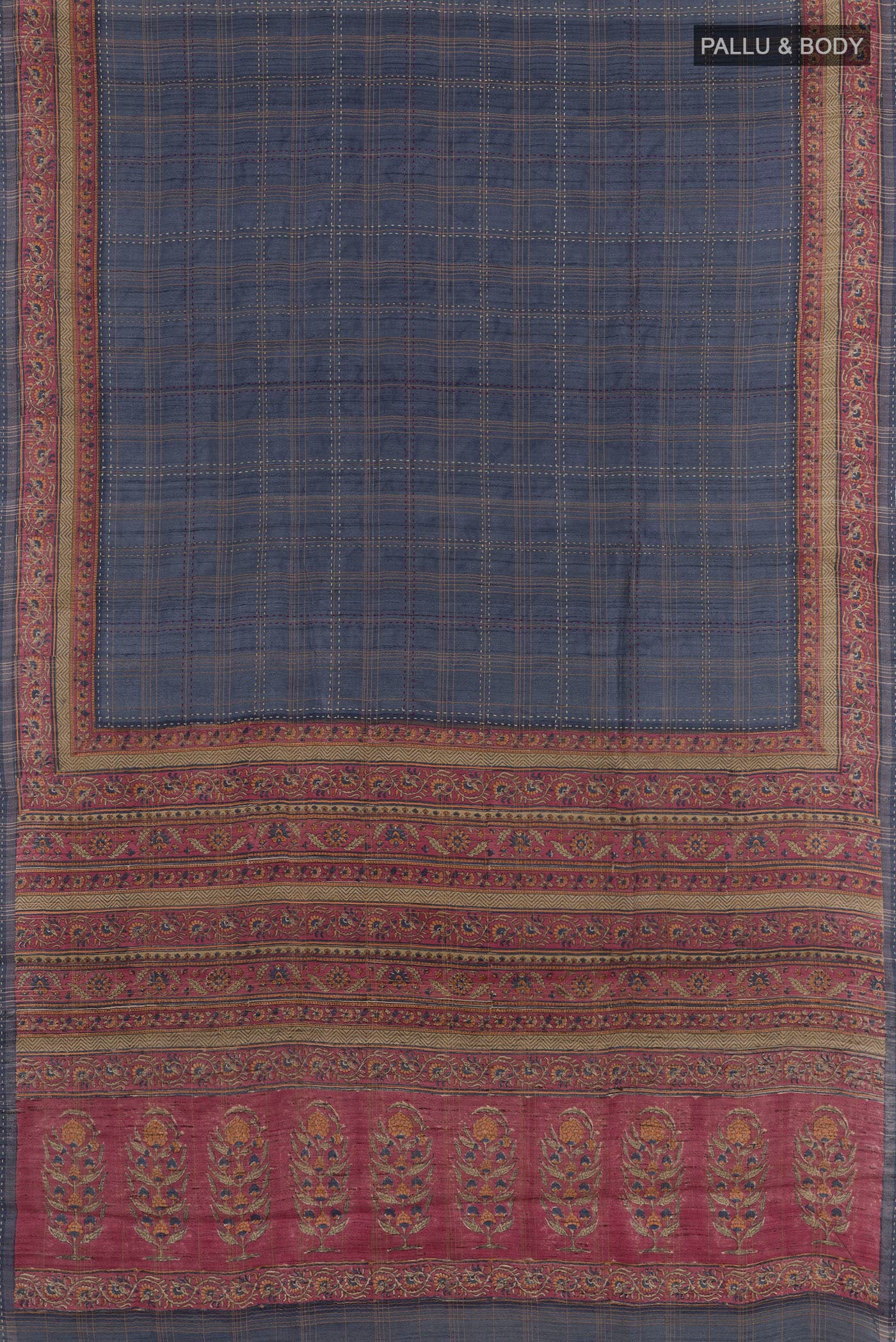 Flat view of Grey Tussar Saree with Stripes on the body and Zari Border. 
