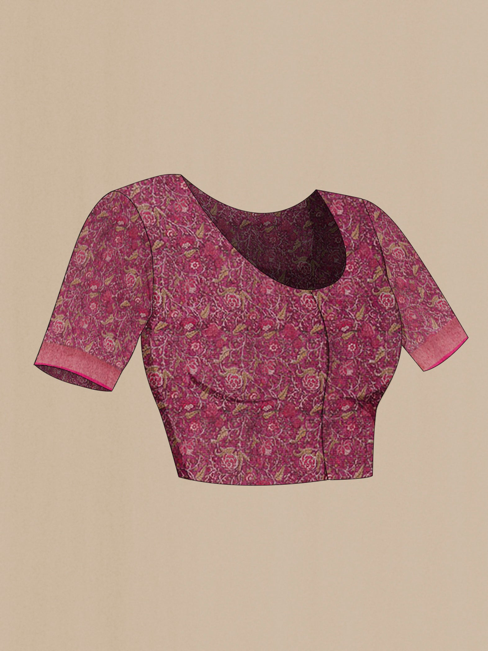 Close up image of the blouse of Pink Tussar Saree with Checked design on the body and Zari Border. 