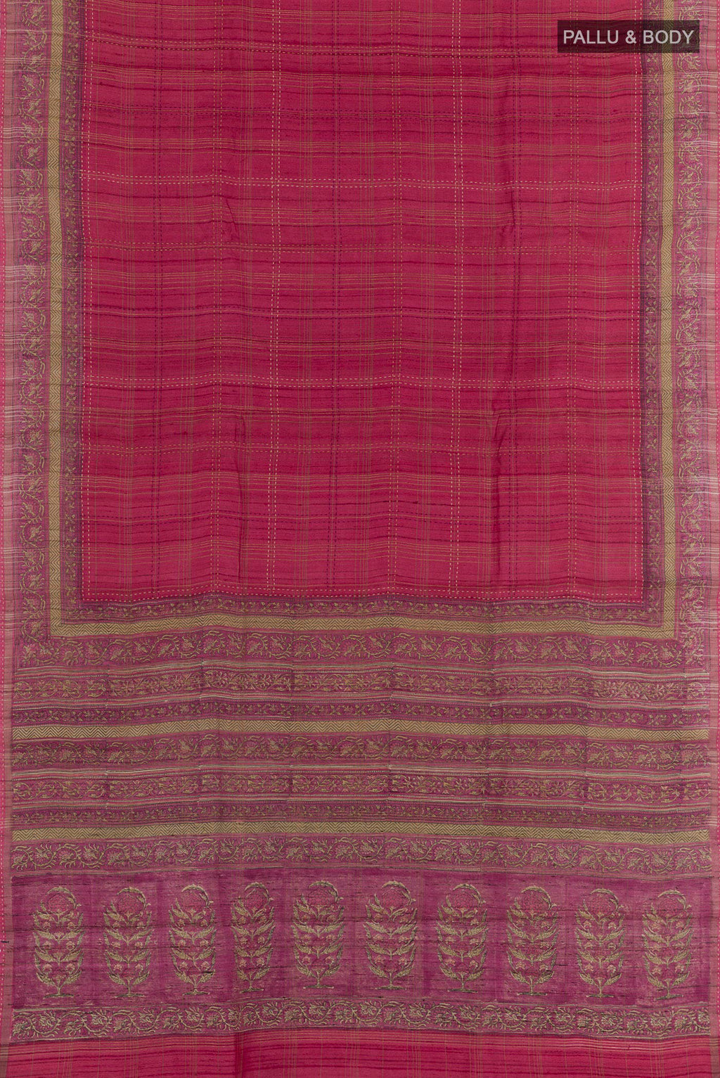 Flat view of Pink Tussar Saree with Checked design on the body and Zari Border. 
