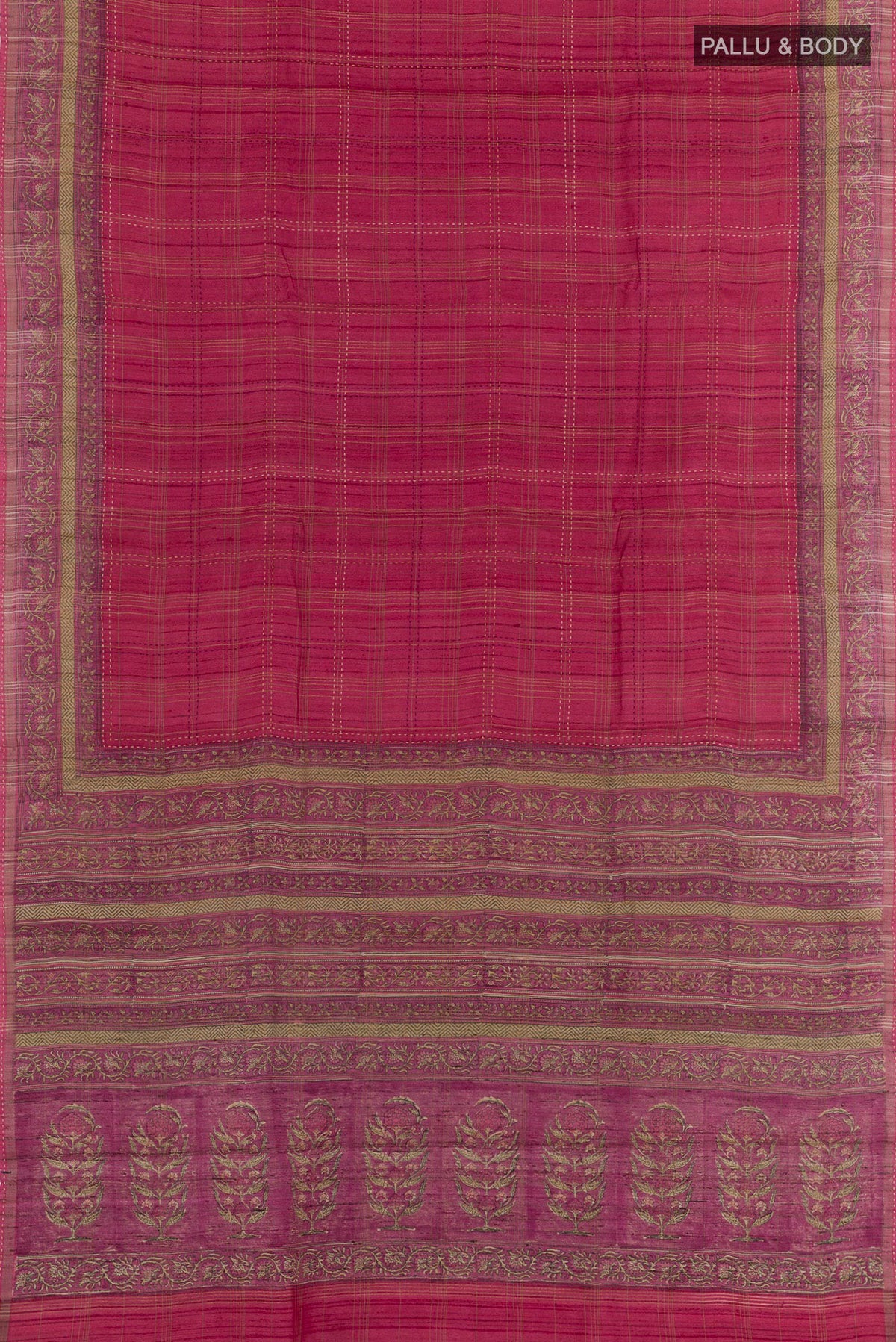 Flat view of Pink Tussar Saree with Checked design on the body and Zari Border. 