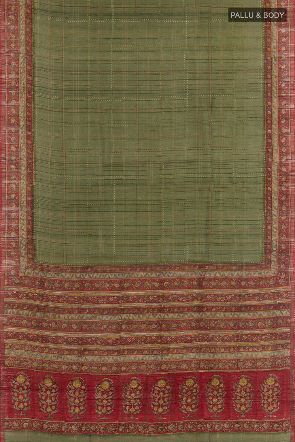 Flat view of Green Tussar Saree with Checked design on the body and Zari Border. 