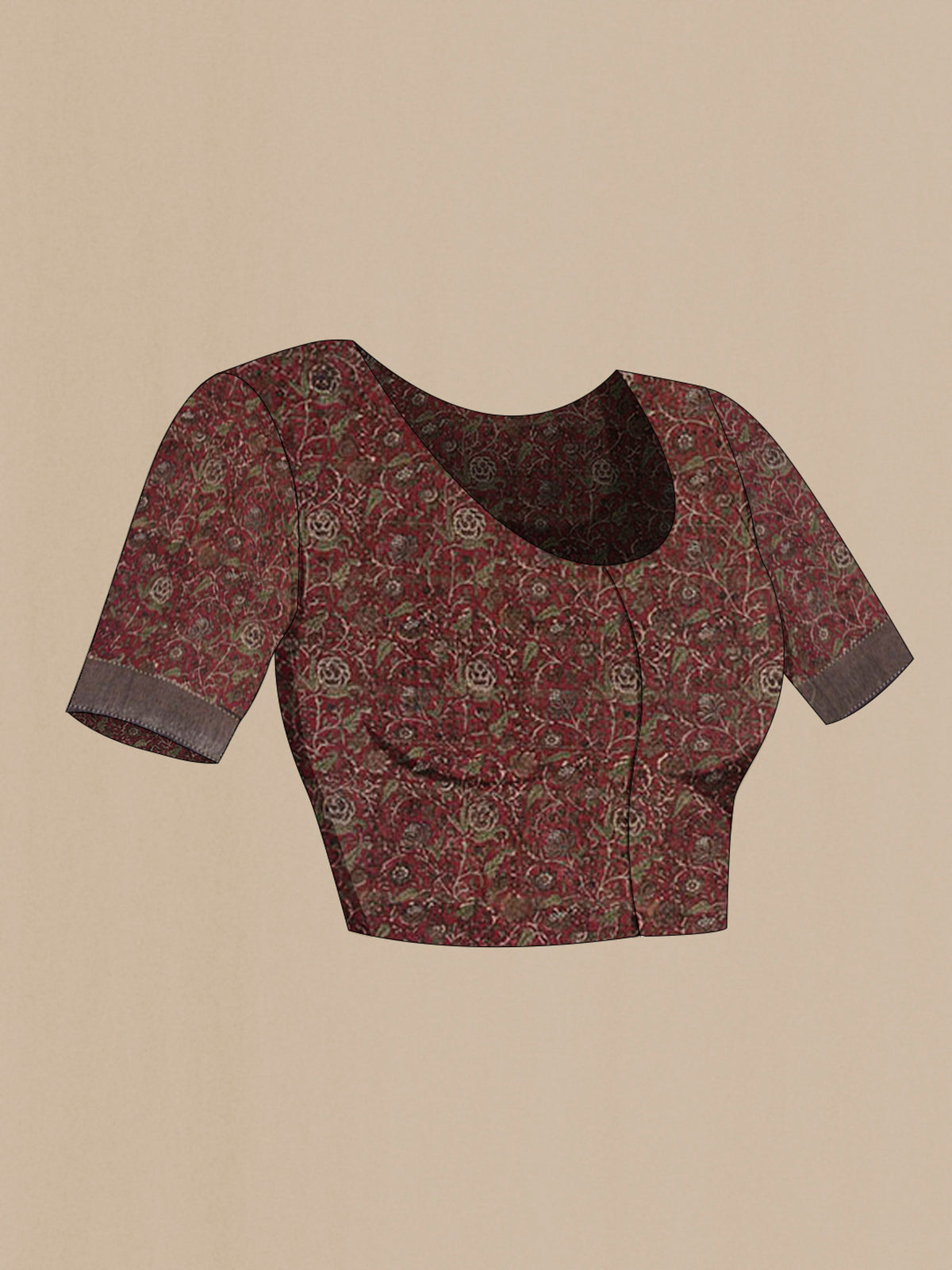Close up image of the blouse of Grey Tussar Saree with Checked design on the body and Zari Border. 