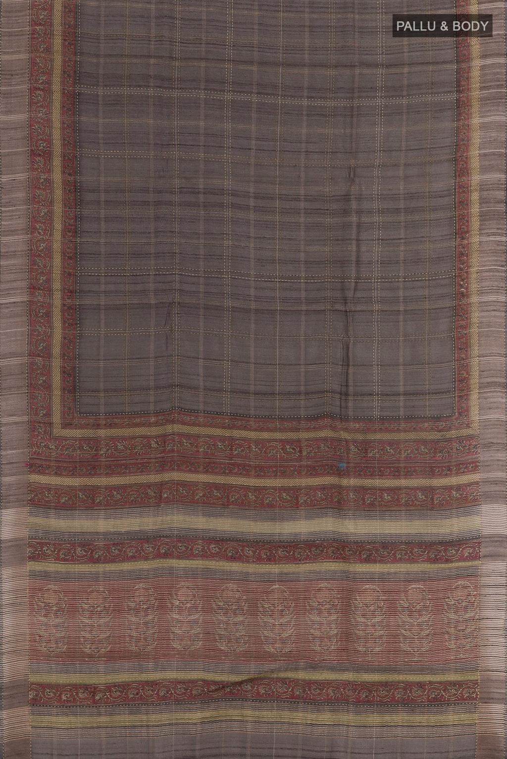 Flat view of Grey Tussar Saree with Checked design on the body and Zari Border. 