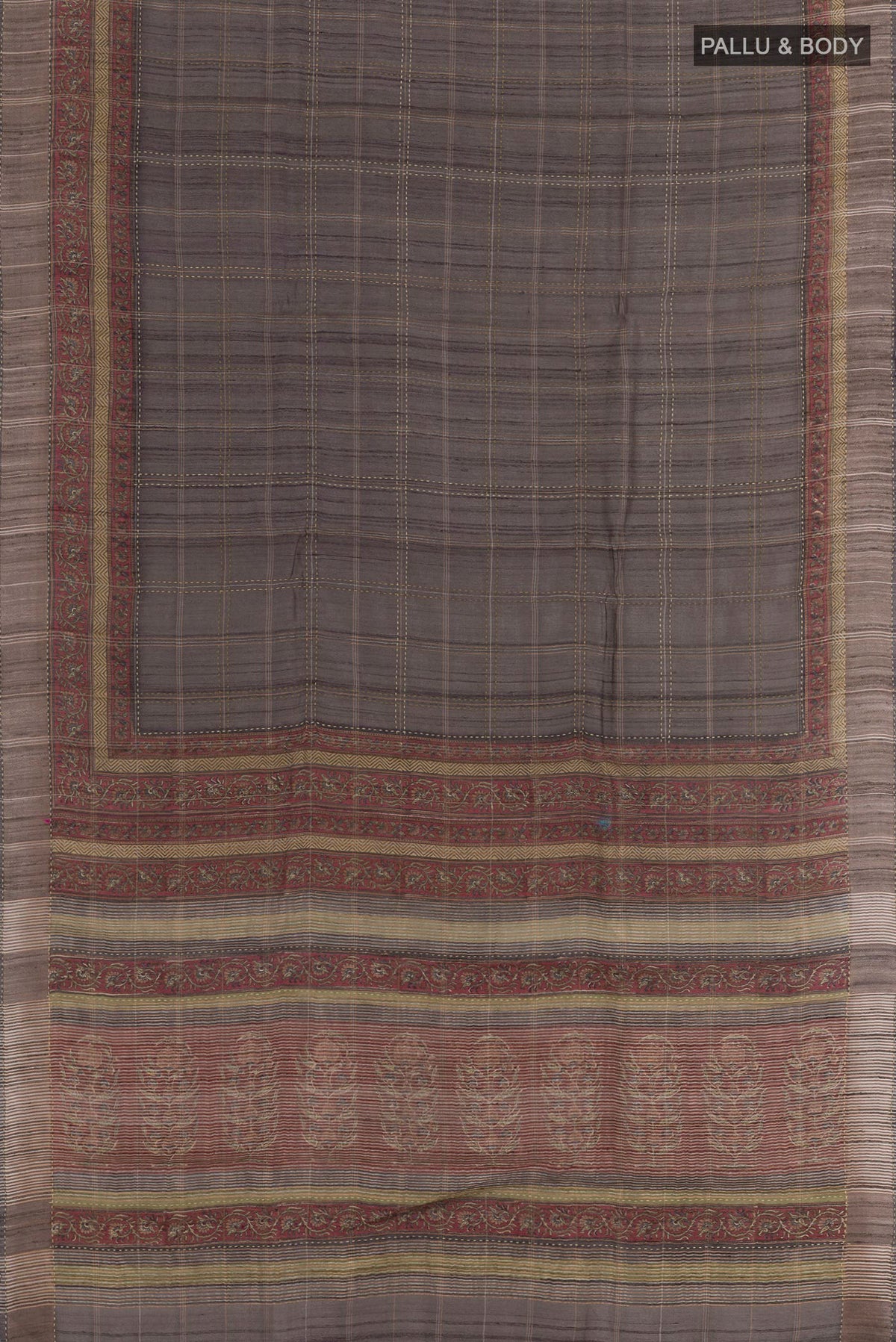 Flat view of Grey Tussar Saree with Checked design on the body and Zari Border. 