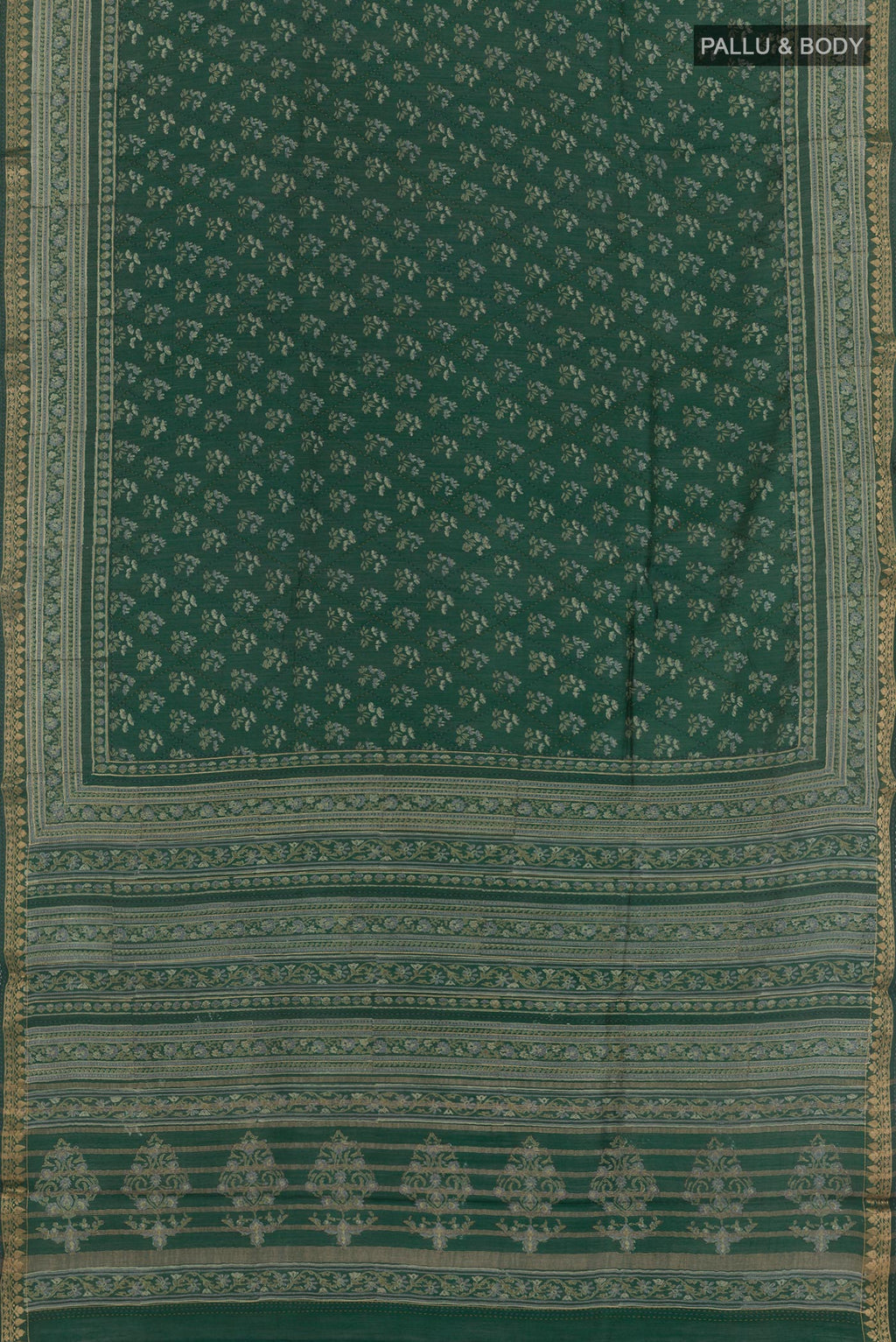 Flat view of Green Tussar Saree with Printed design on the body and Zari Border. 