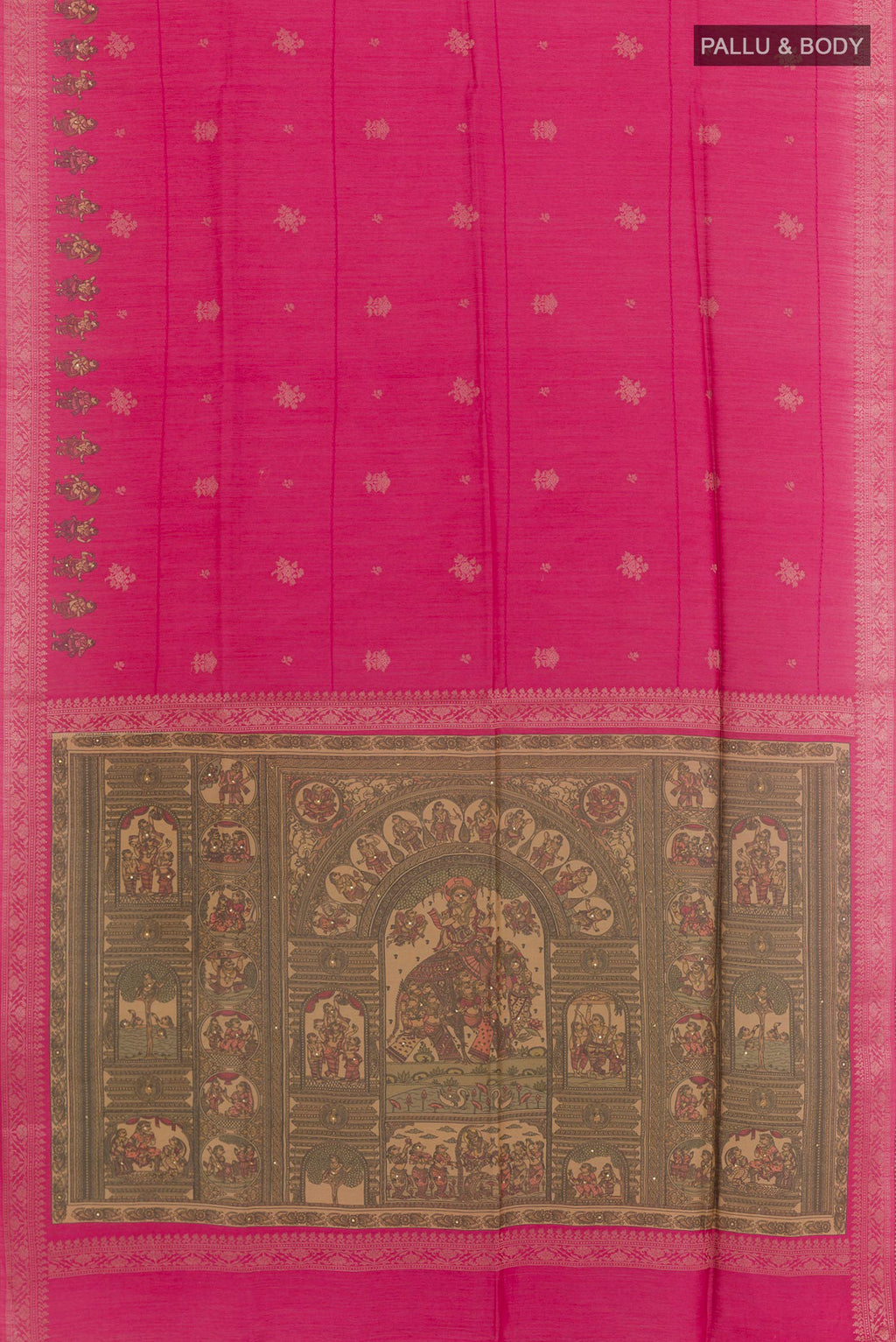 Flat view of Pink Tussar Saree with Zari Butta on the body and Zari Border. 