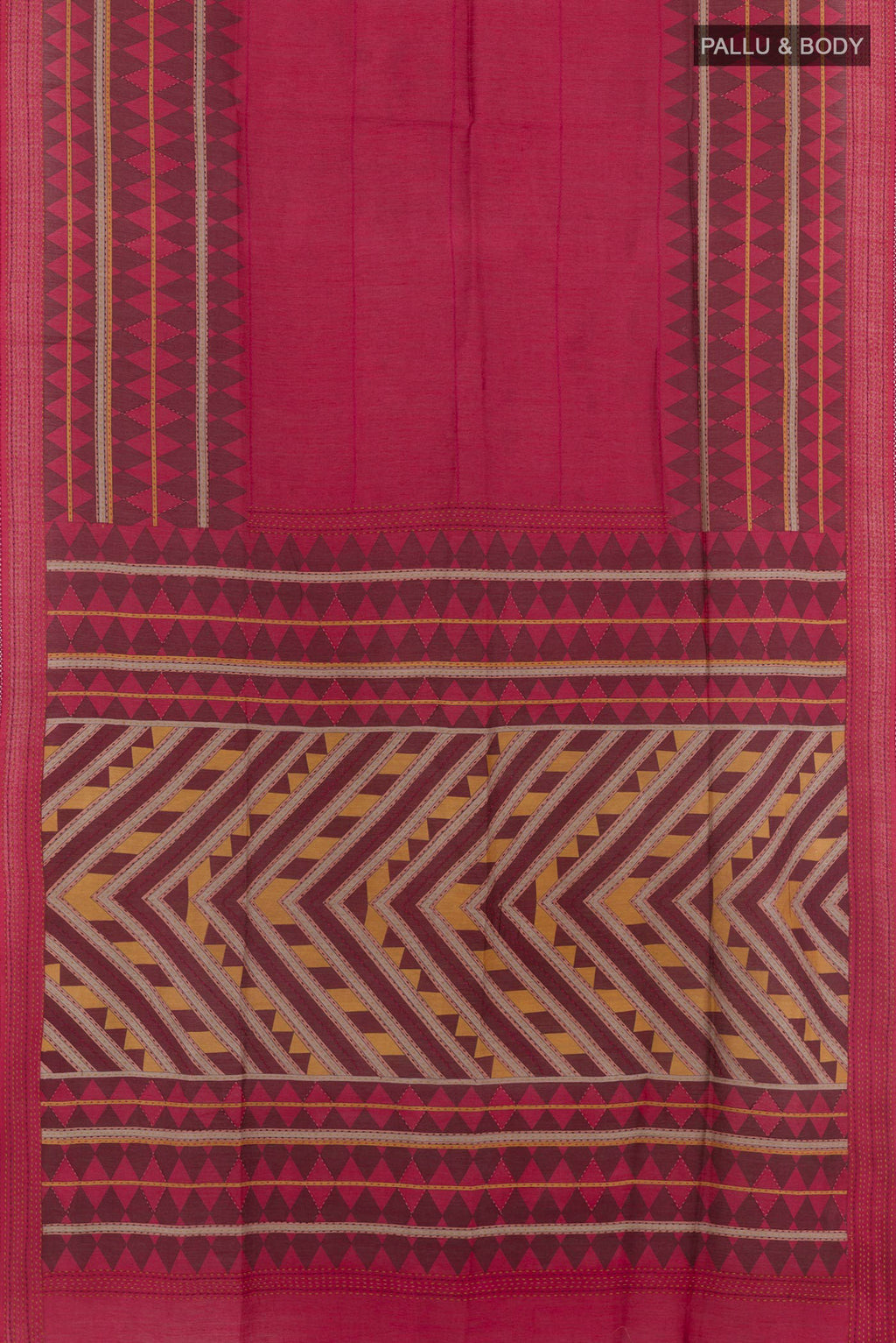 Flat view of Red Tussar Saree with Printed design on the body and Thread Embroidery Border. 