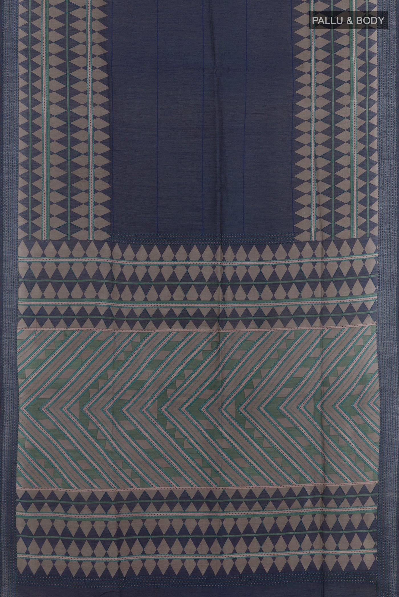 Flat view of Blue Tussar Saree with Printed design on the body and Thread Embroidery Border. 