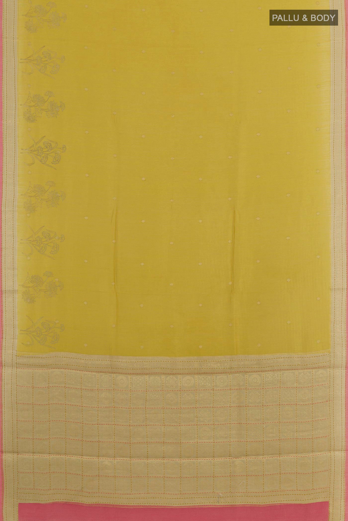 Flat view of Yellow Tussar Saree with Zari Butta on the body and Zari Border. 